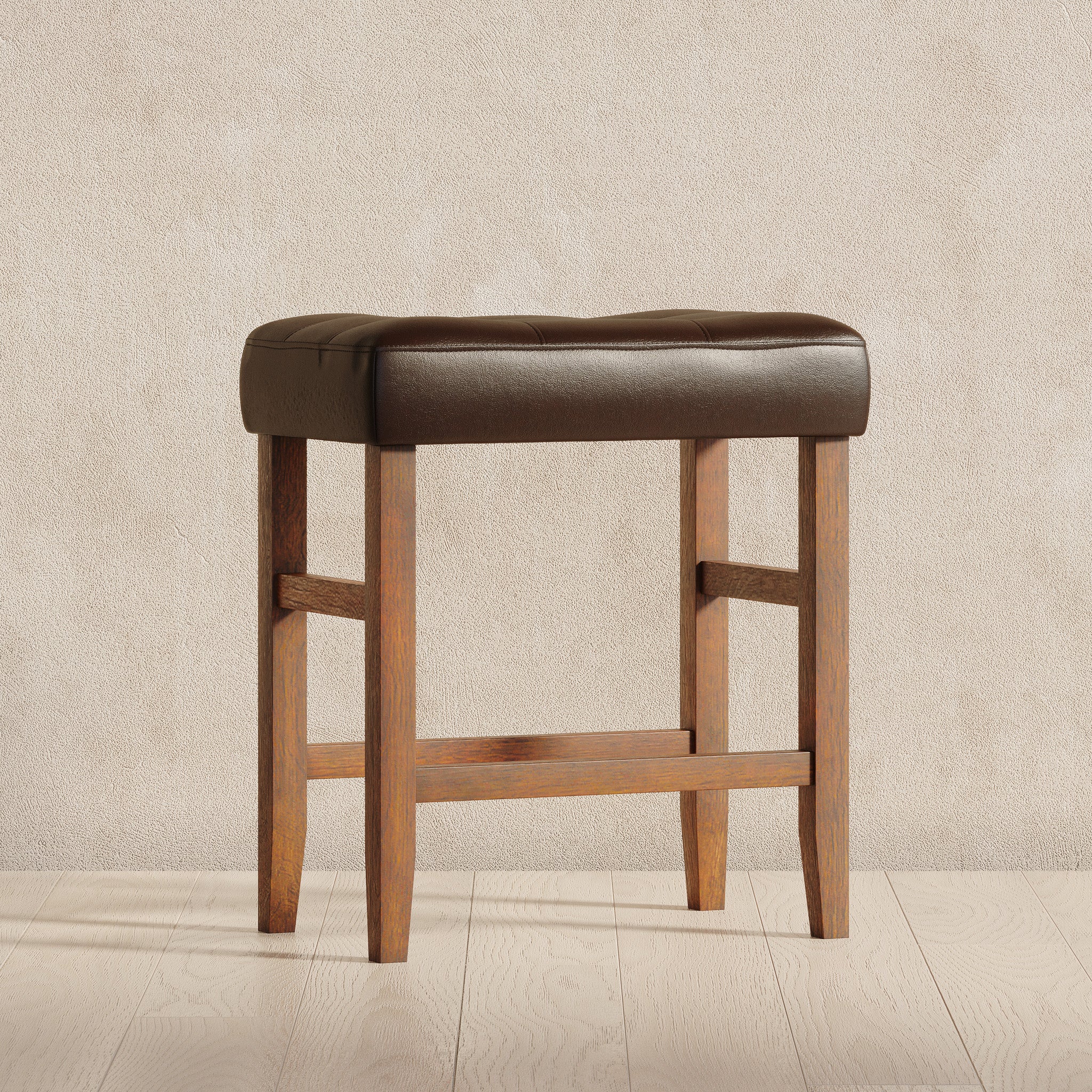 Harper Counter Stool in Walnut Wood Finish with Distressed Brown Vegan Leather, Set of 2 in Stools by Maven Lane