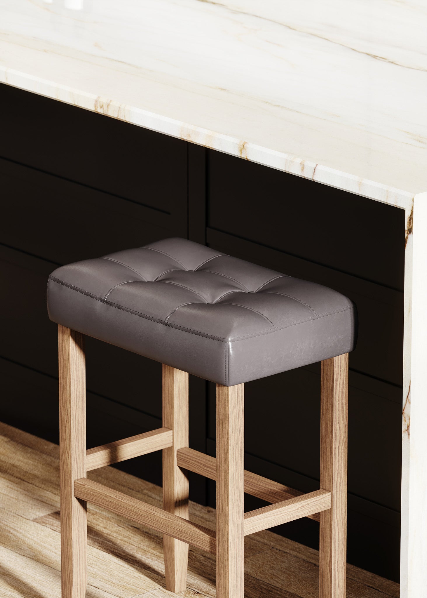 Harper Bar Stool in Weathered Oak Wood Finish with Distressed Grey Vegan Leather, Set of 2 in Stools by Maven Lane