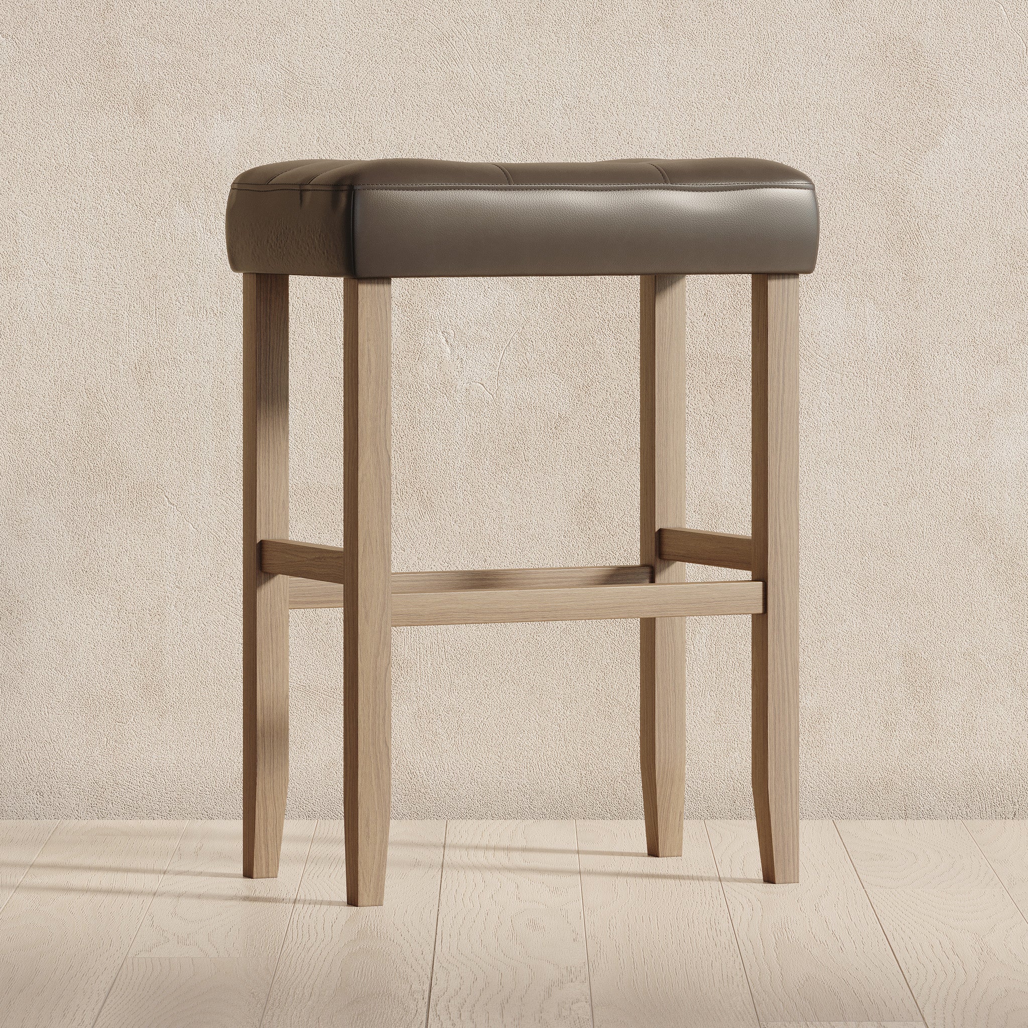 Harper Bar Stool in Weathered Oak Wood Finish with Distressed Grey Vegan Leather, Set of 2 in Stools by Maven Lane