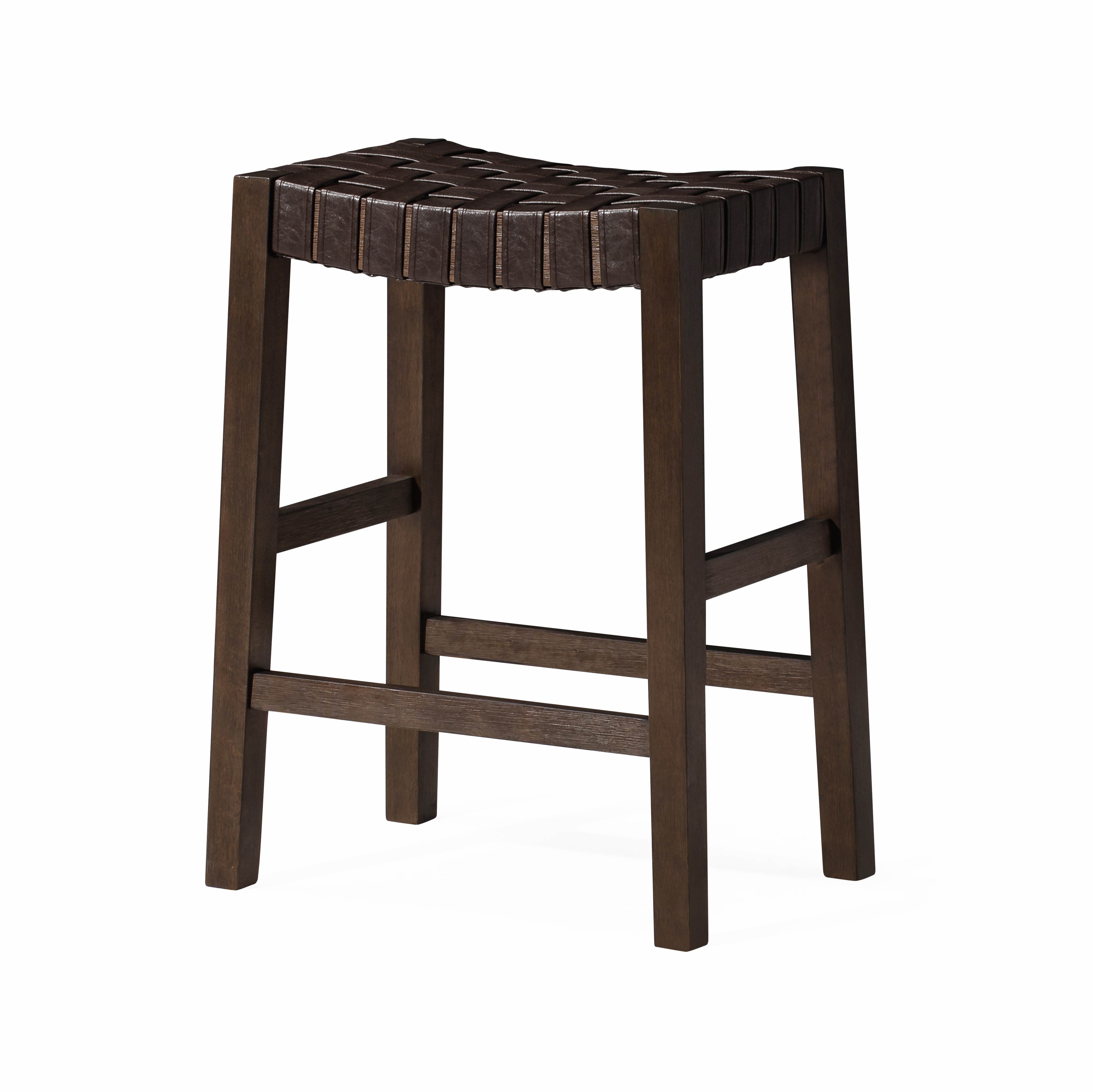 Emerson Counter Stool In Weathered Brown Wood Finish With Marksman Saddle Vegan Leather in Stools by Maven Lane