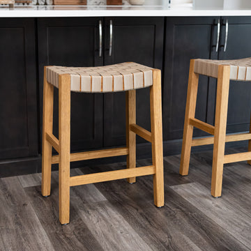 Emerson Counter Stool In Natural Finish & Beige Woven Leather Seat