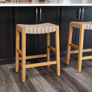 Emerson Counter Stool In Natural Finish & Beige Woven Leather Seat