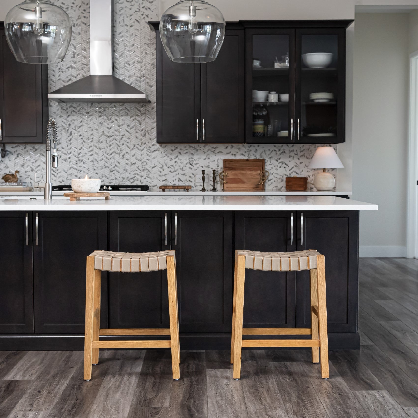 26" Emerson Counter Stool in Warm Oak Finish & Beige Woven Leather Seat in Stools by Maven Lane