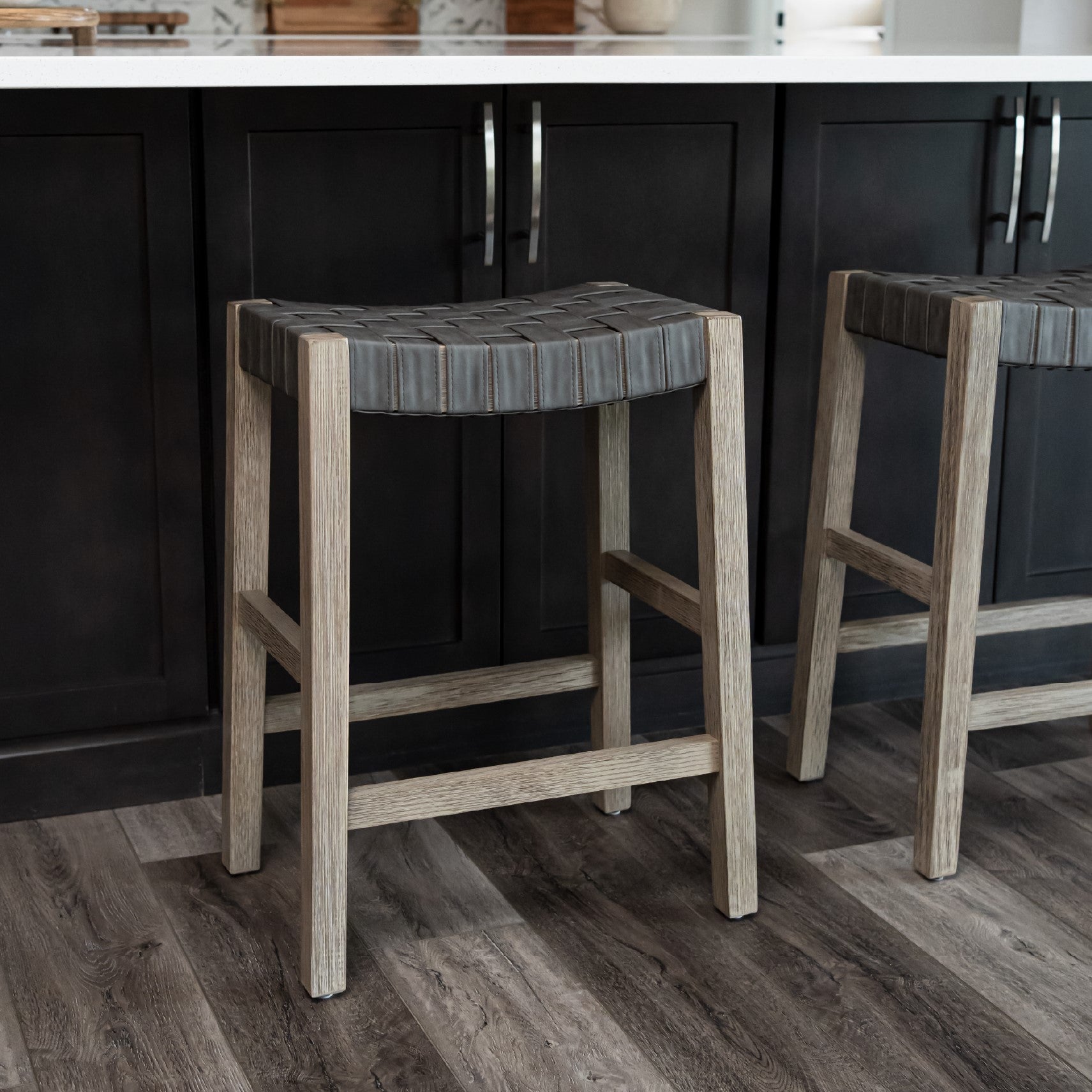 26" Emerson Counter Stool In Grey Finish & Grey Woven Leather Seat in Stools by Maven Lane