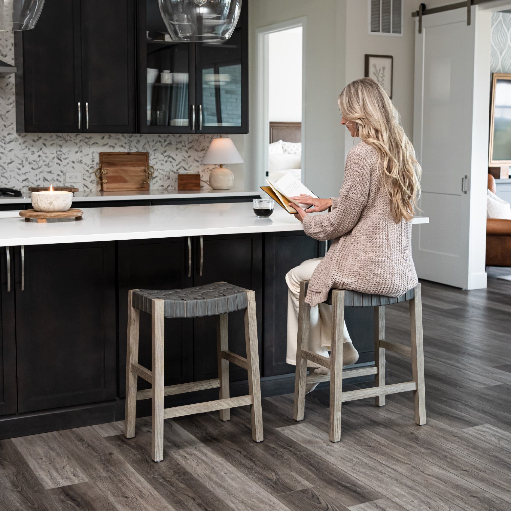 26" Emerson Counter Stool In Grey Finish & Grey Woven Leather Seat in Stools by Maven Lane