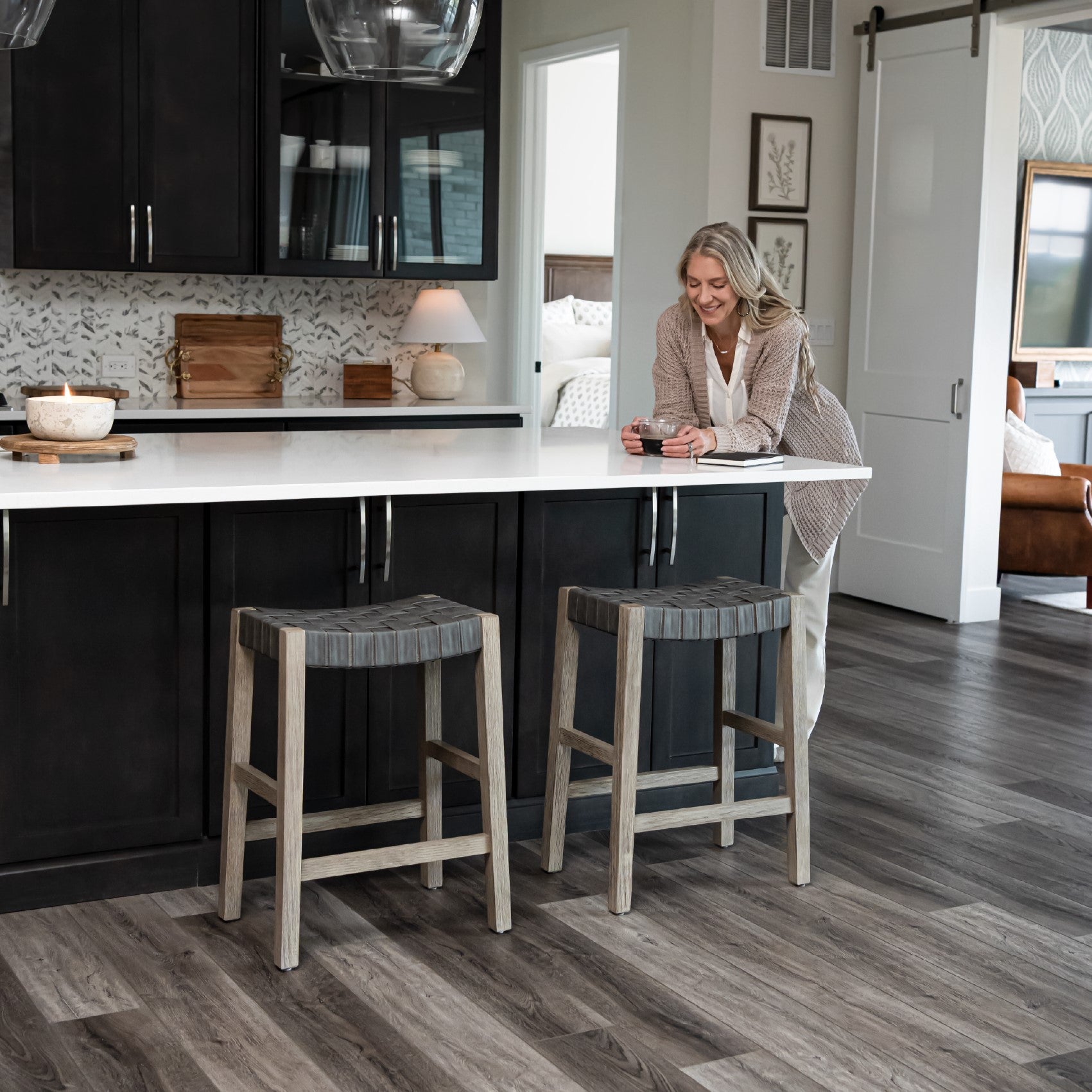 26" Emerson Counter Stool In Grey Finish & Grey Woven Leather Seat in Stools by Maven Lane