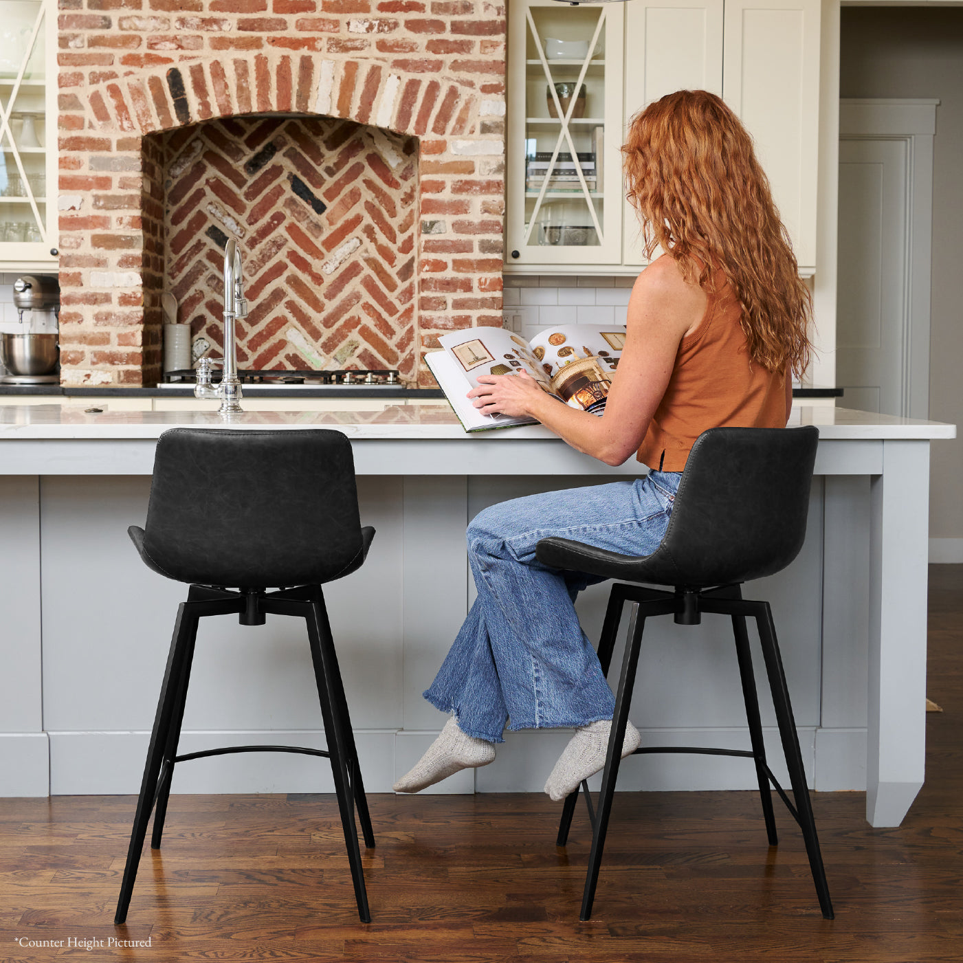 Victor Bar Stool in Black Finish with Dark Grey Faux Leather in Stools by Maven Lane