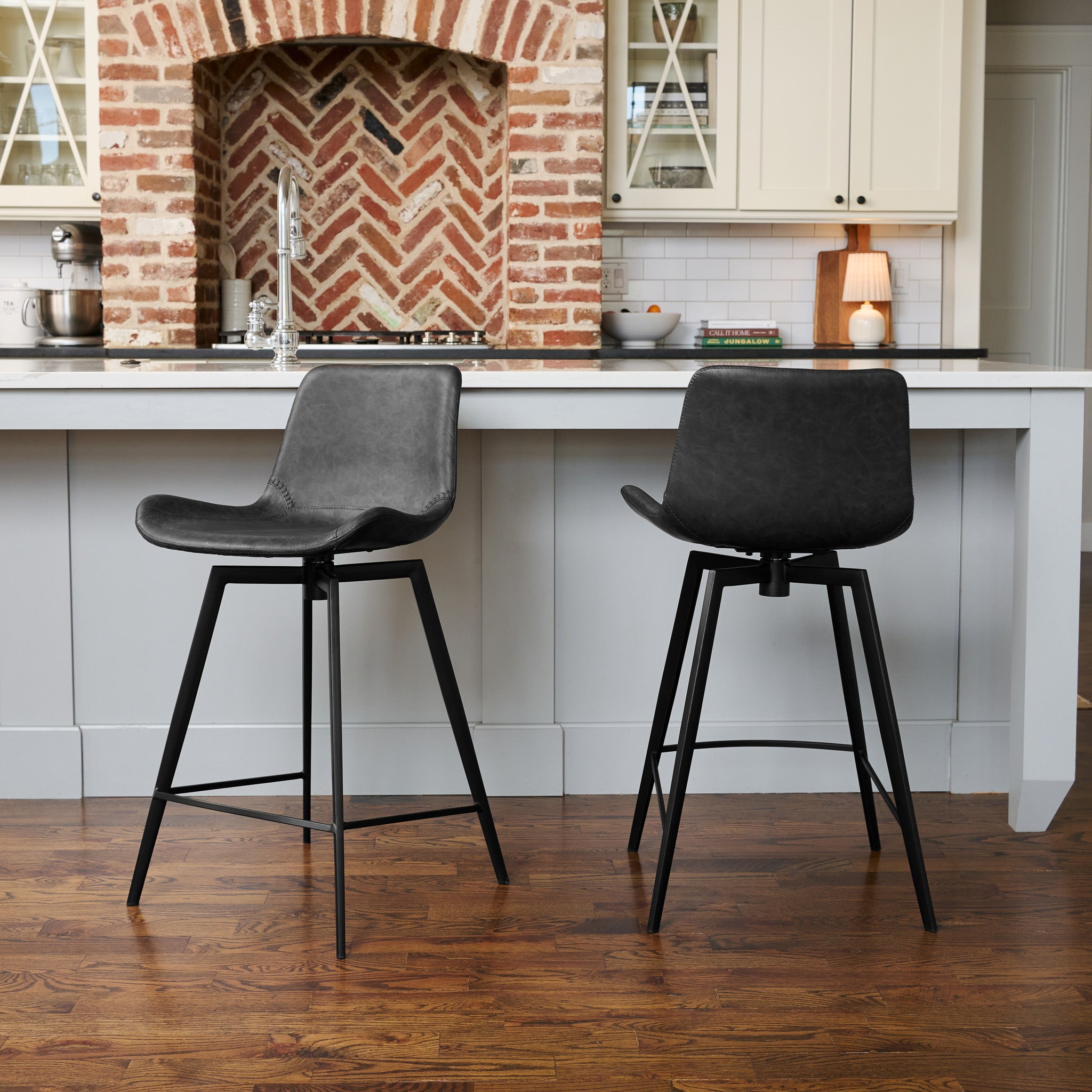 26" Victor Counter Stool in Black Finish with Dark Grey Faux Leather (Set of 4) in Stools by Maven Lane
