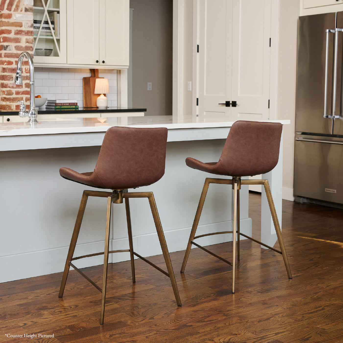 30" Victor Bar Stool in Aged Gold Finish with Brown Faux Leather (Set of 4) in Stools by Maven Lane