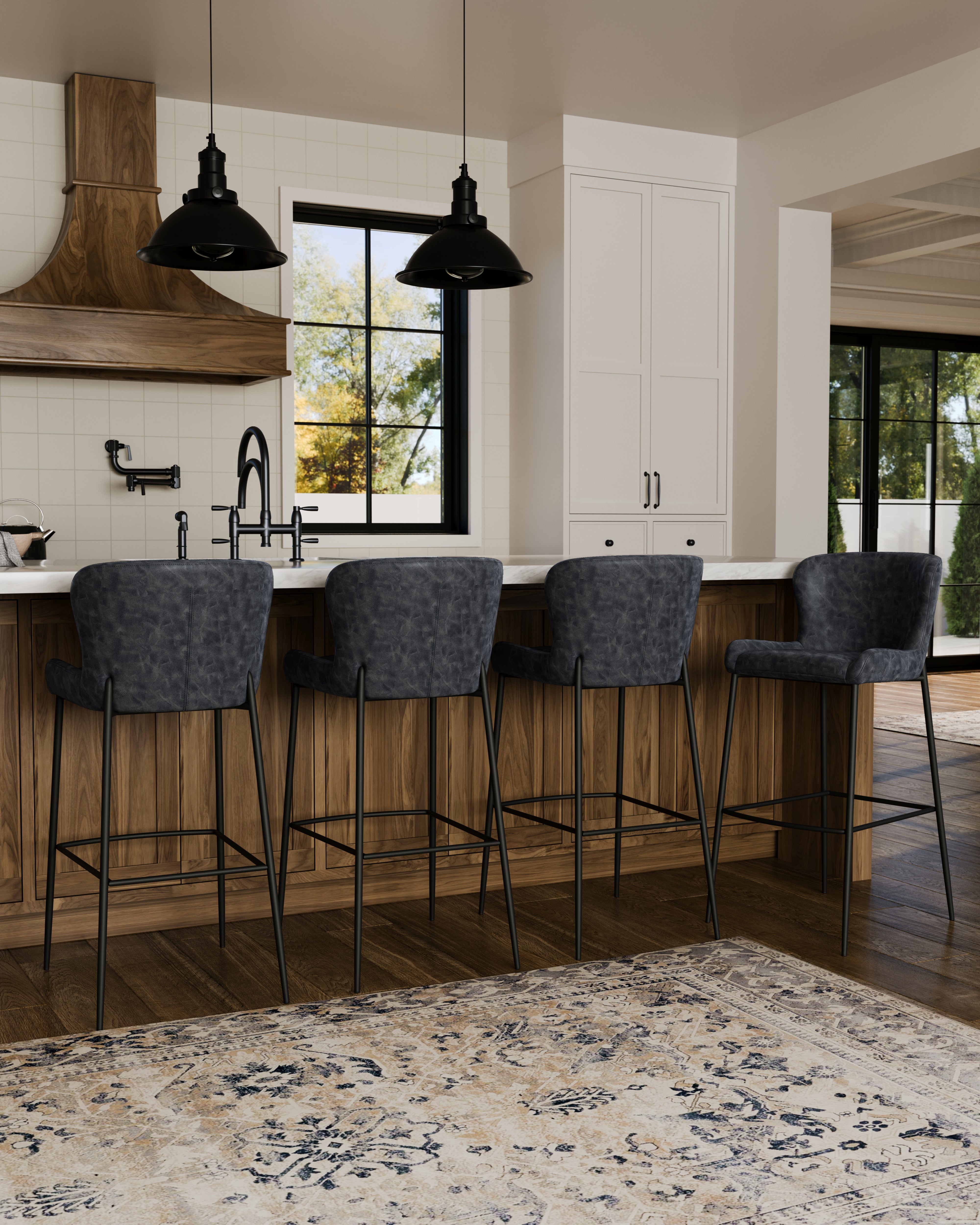 Naomi Bar Stool In Matte Black Finish With Charcoal Black Vegan Leather Upholstery in Stools by Maven Lane