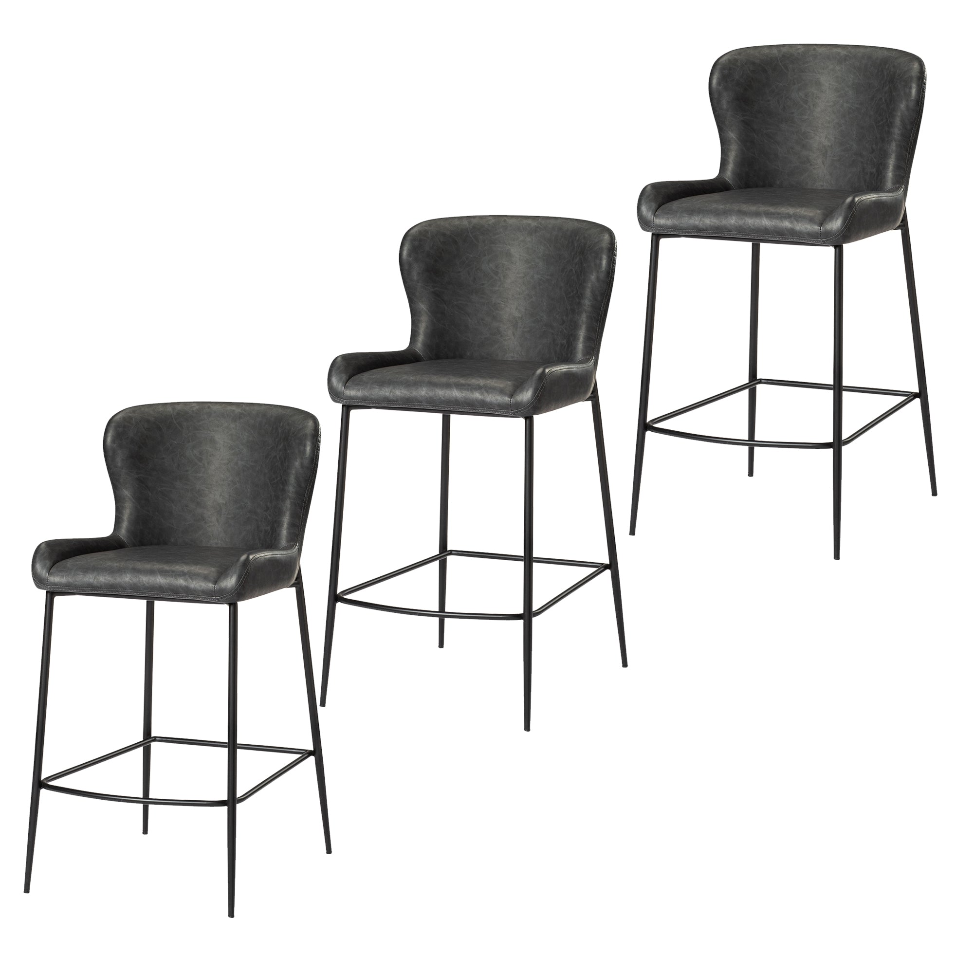 26" Naomi Counter Stool in Black Finish with Dark Grey Faux Leather (Set of 3) in Stools by Maven Lane