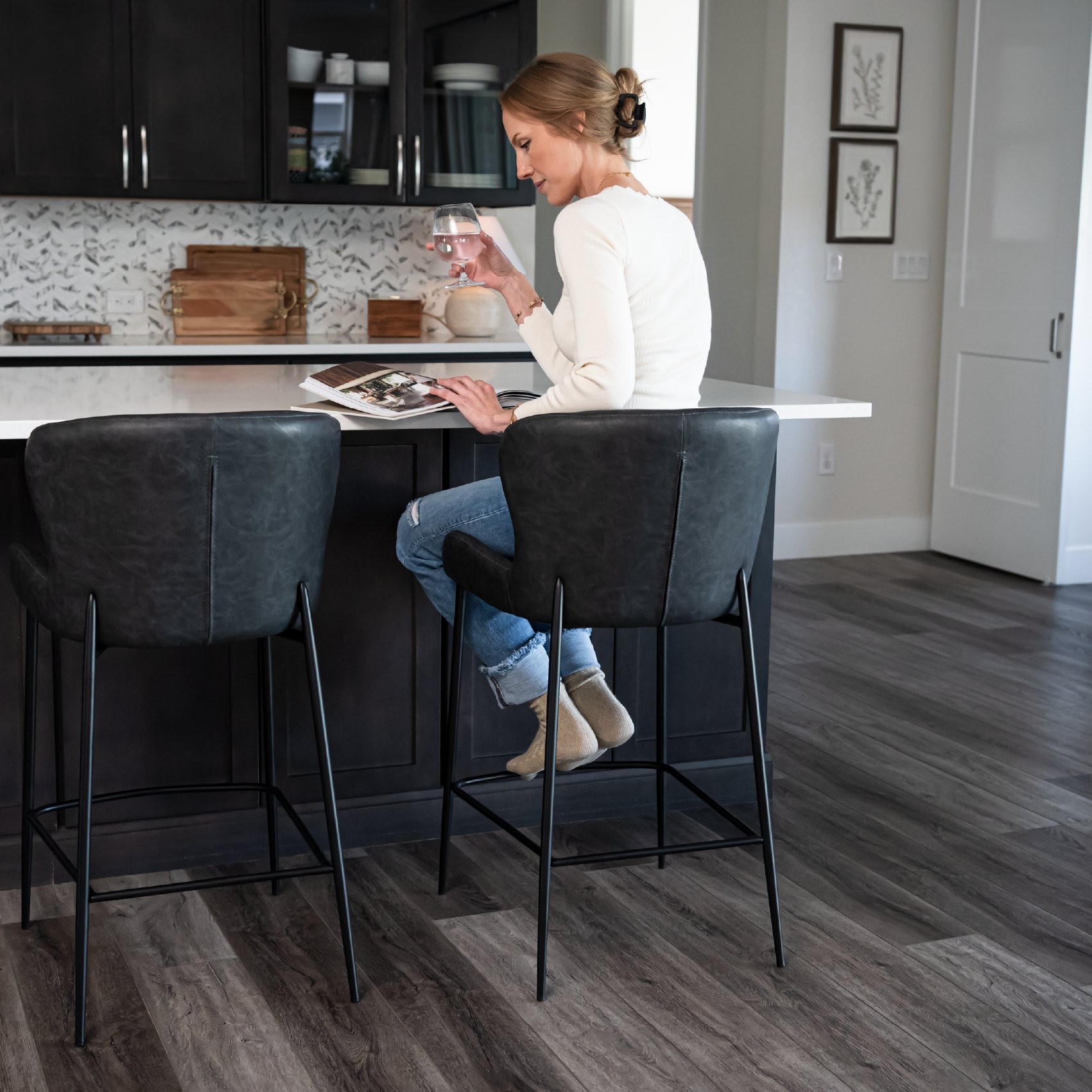 26" Naomi Counter Stool in Black Finish with Dark Grey Faux Leather in Stools by Maven Lane