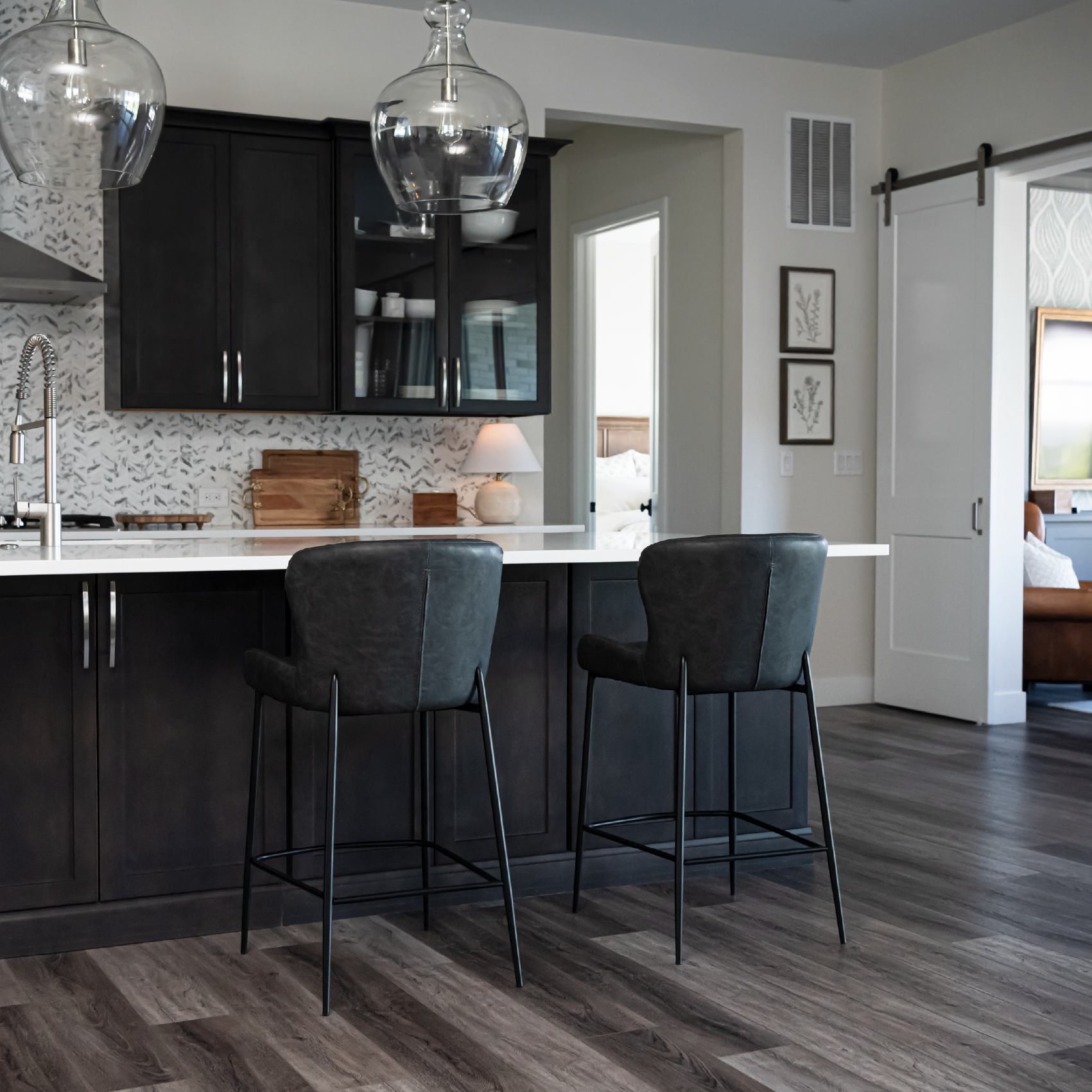 26" Naomi Counter Stool in Black Finish with Dark Grey Faux Leather in Stools by Maven Lane