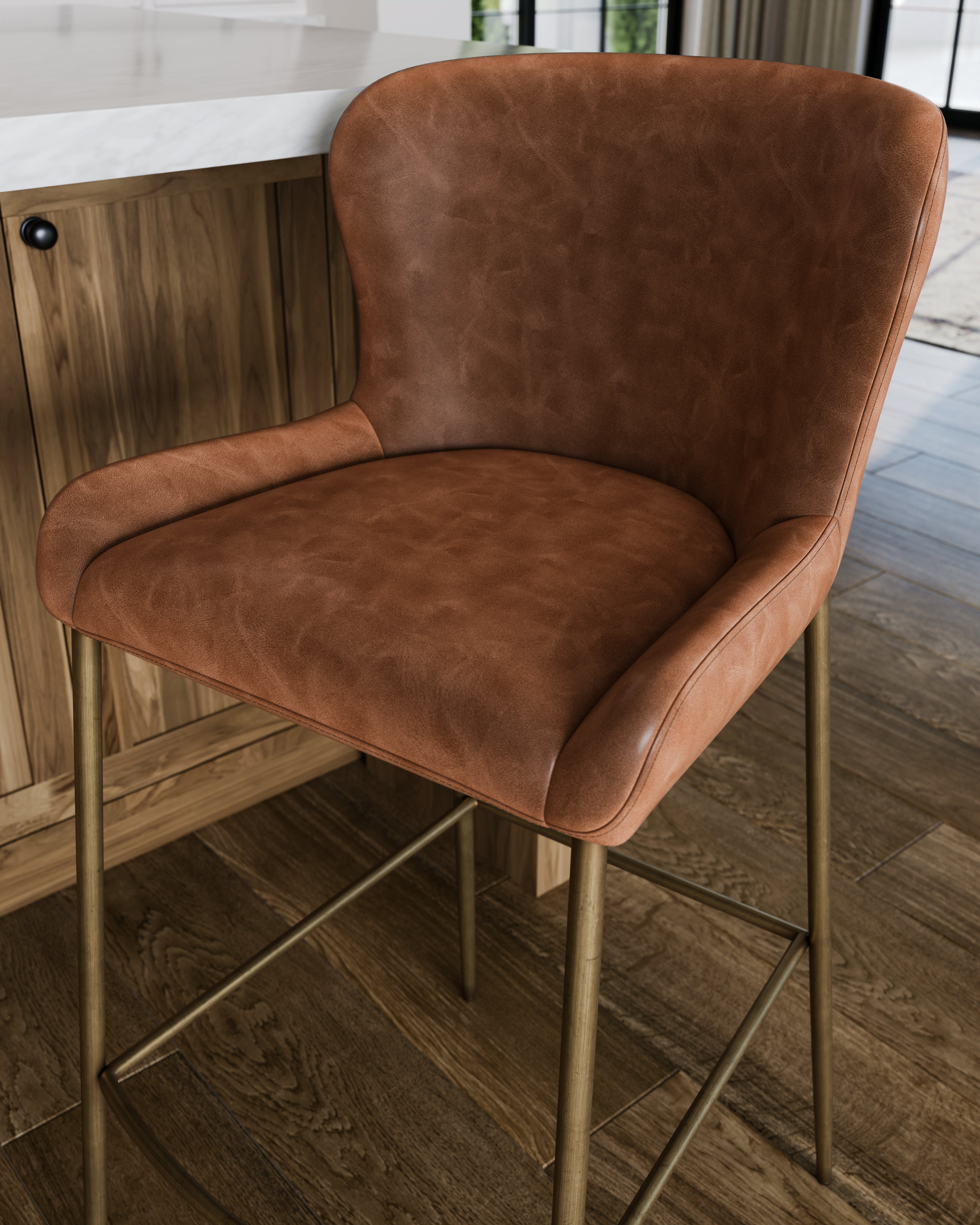 31" Naomi Bar Stool in Antique Brass Finish with Cocoa Brown Vegan Leather Upholstery in Maven Lane by Maven Lane