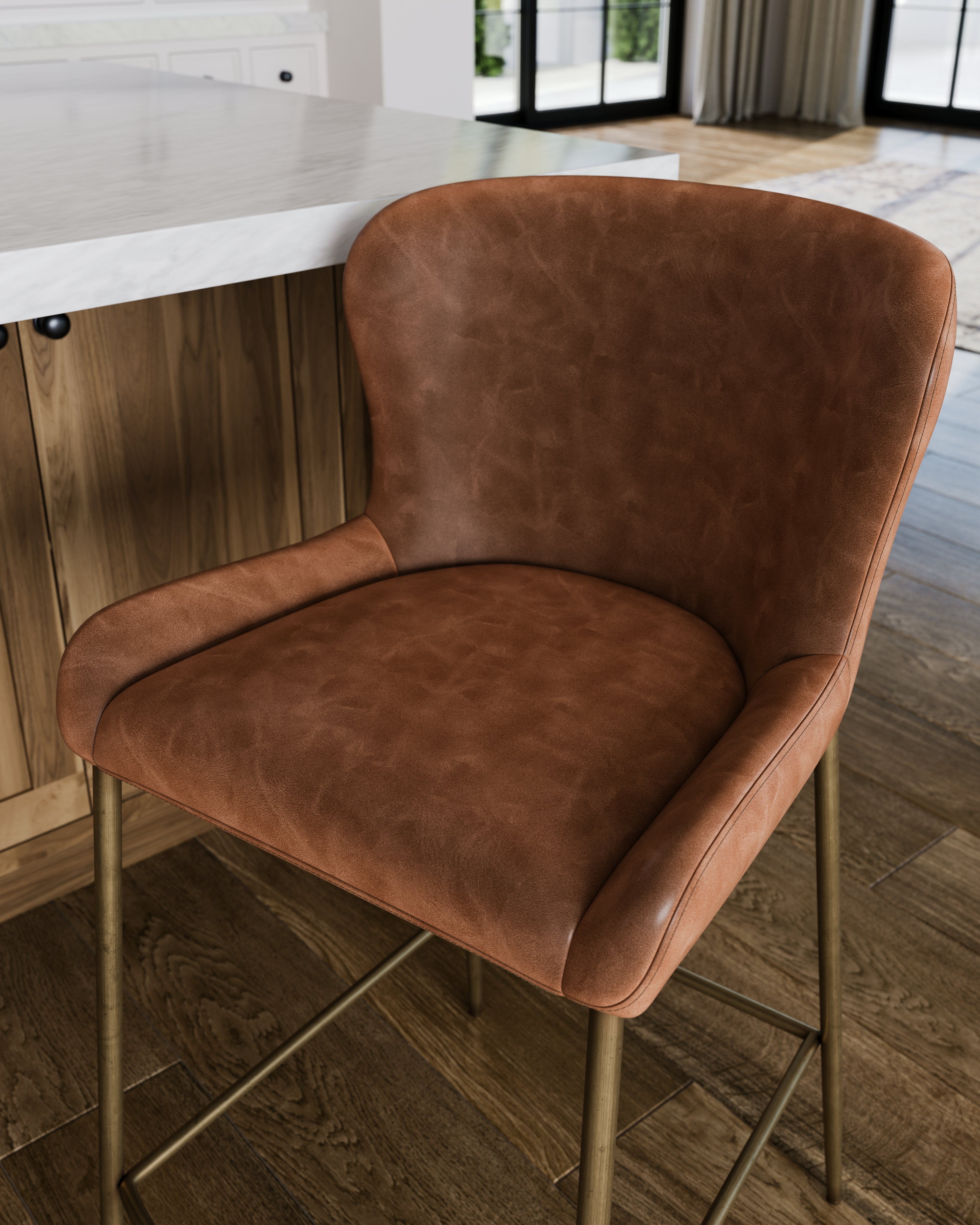 27" Naomi Counter Stool in Antique Brass Finish with Cocoa Brown Vegan Leather Upholstery in Maven Lane by Maven Lane