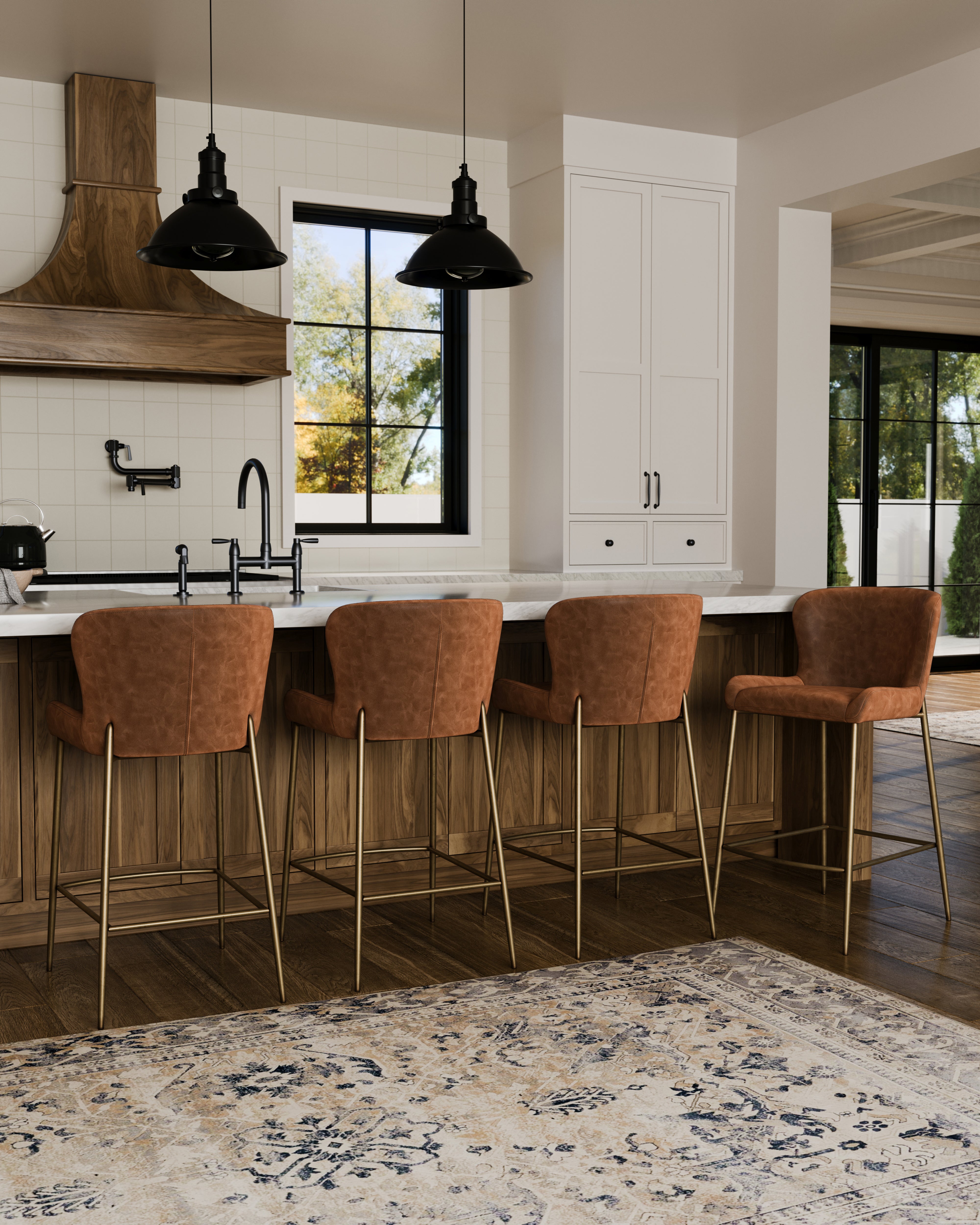 27" Naomi Counter Stool in Antique Brass Finish with Cocoa Brown Vegan Leather Upholstery in Maven Lane by Maven Lane