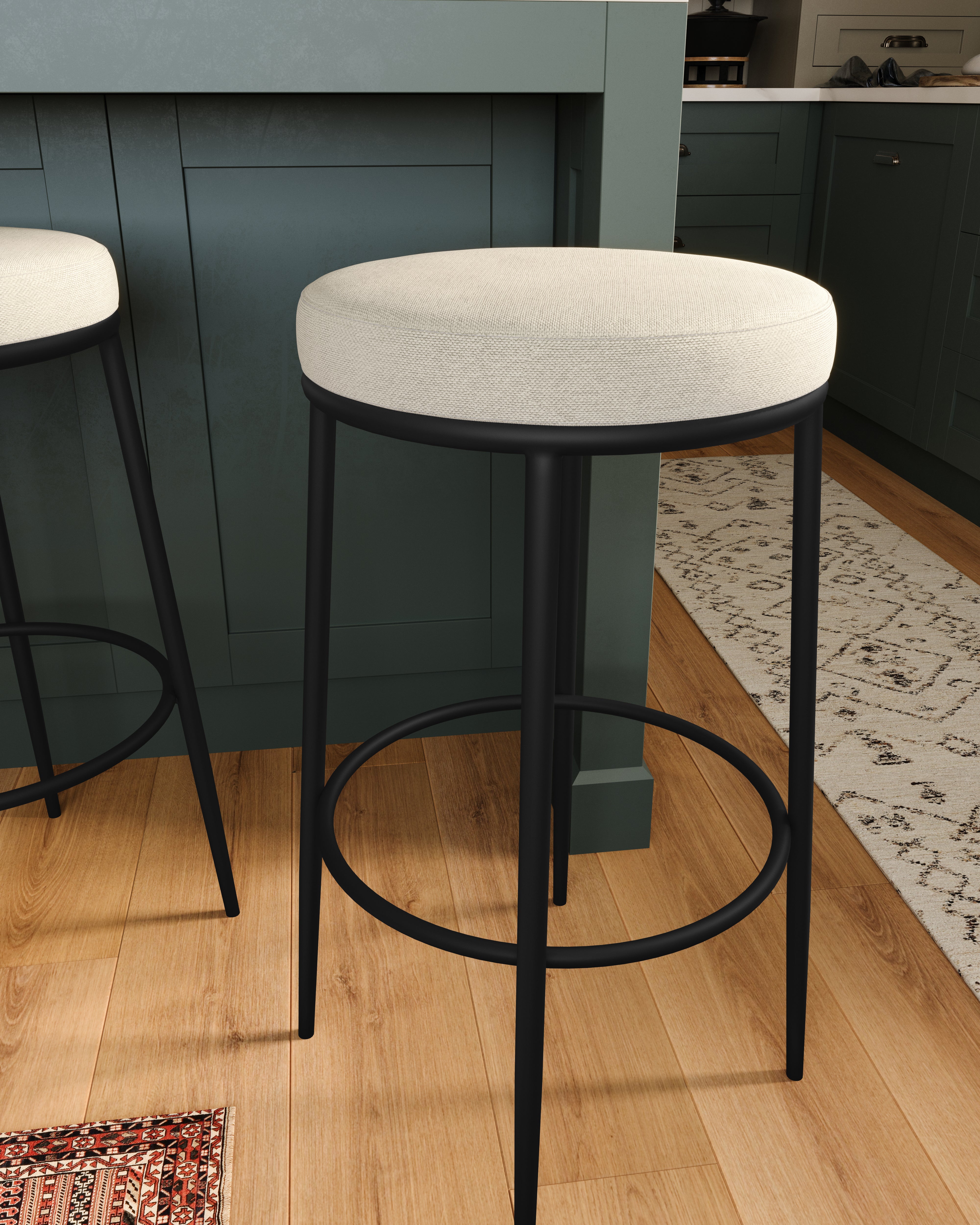 Stella Bar Stool in Matte Black Finish with Snow White Fabric Upholstery in Stools by Maven Lane