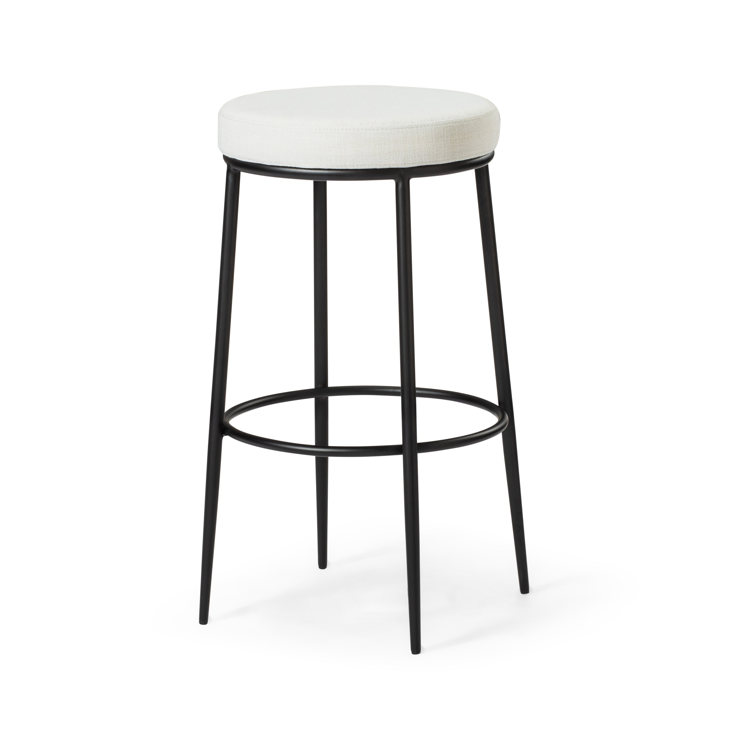 Stella Bar Stool in Matte Black Finish with Snow White Fabric Upholstery in Stools by Maven Lane