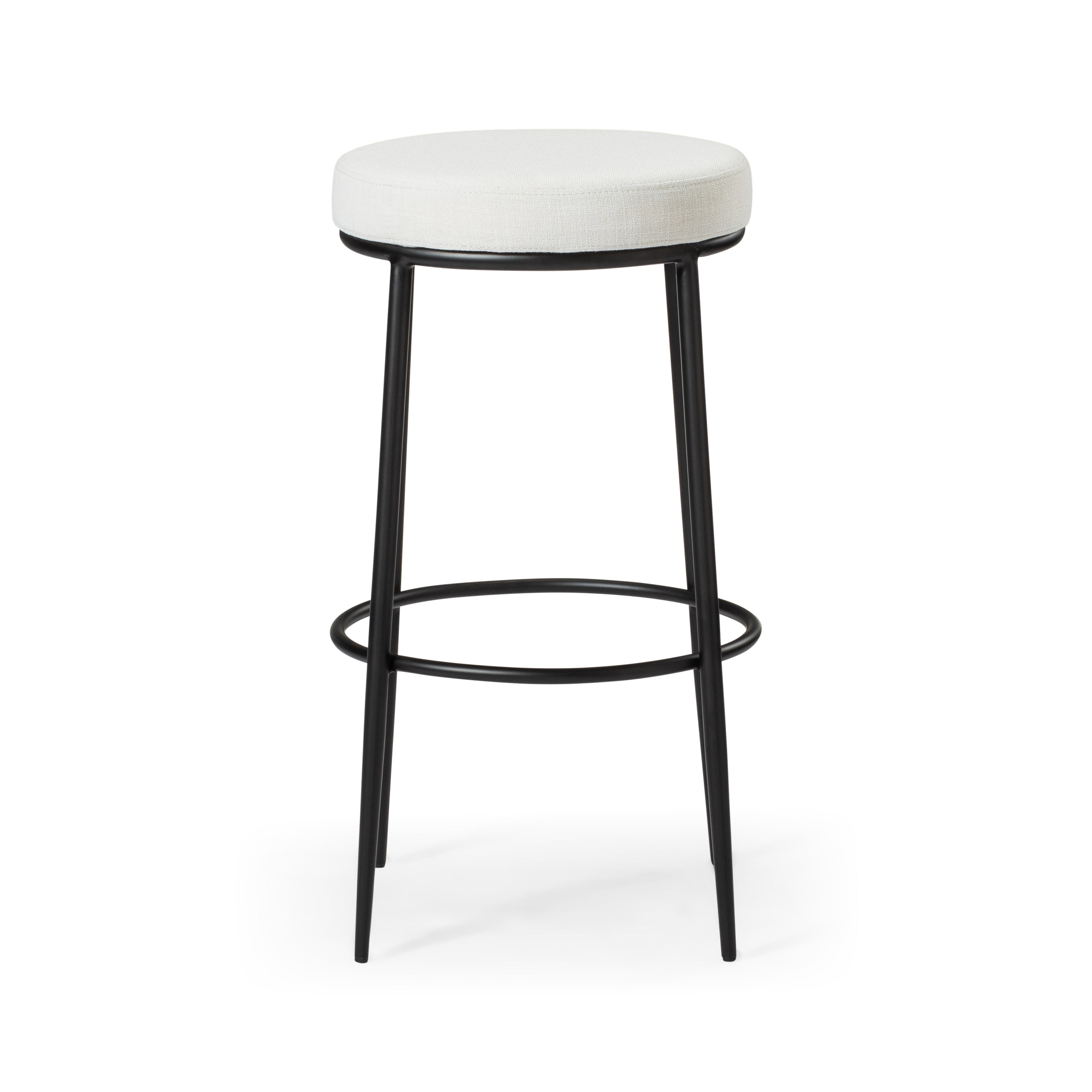 Stella Bar Stool in Matte Black Finish with Snow White Fabric Upholstery in Stools by Maven Lane