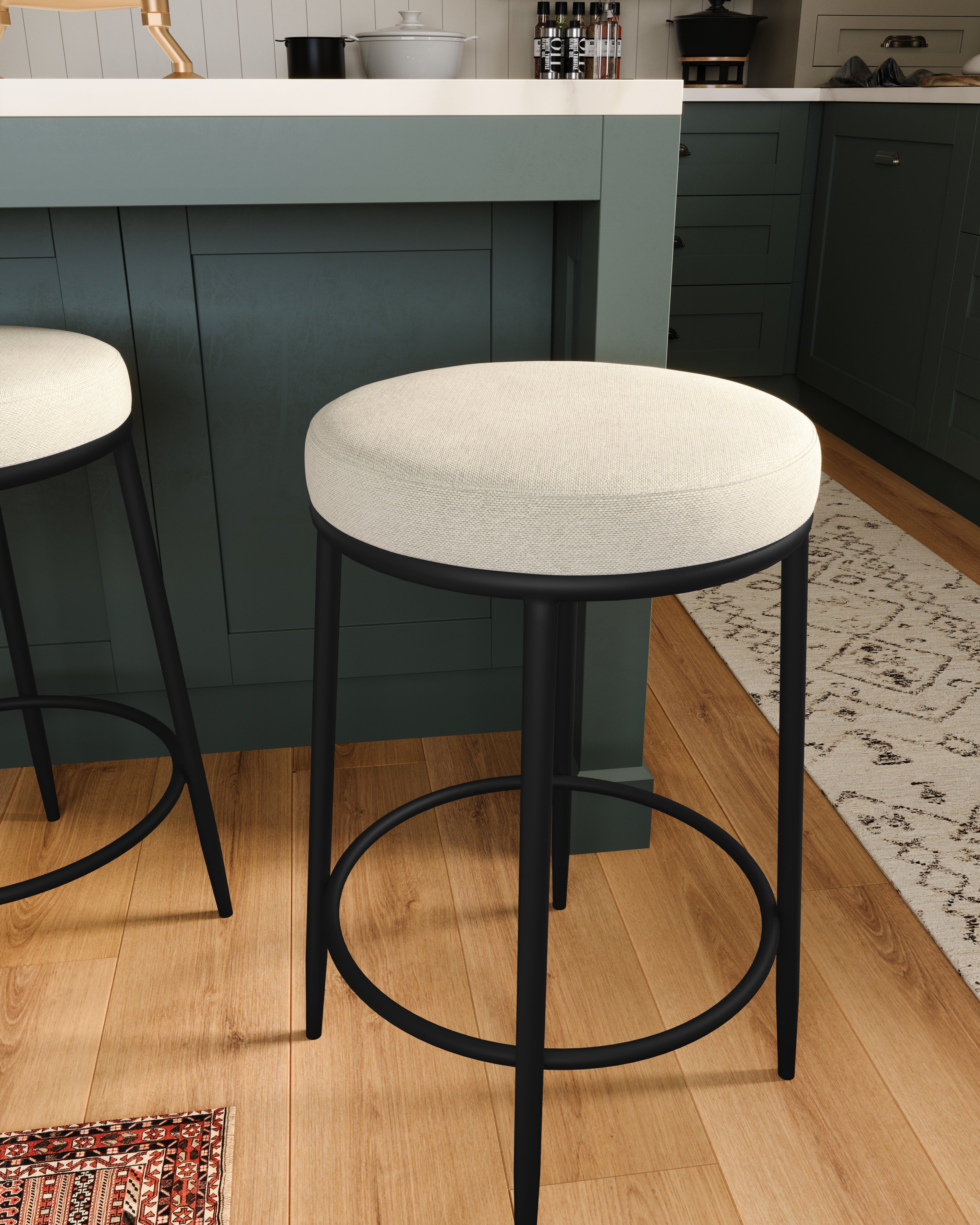 Stella Counter Stool in Matte Black Finish with Snow White Fabric Upholstery in Stools by Maven Lane