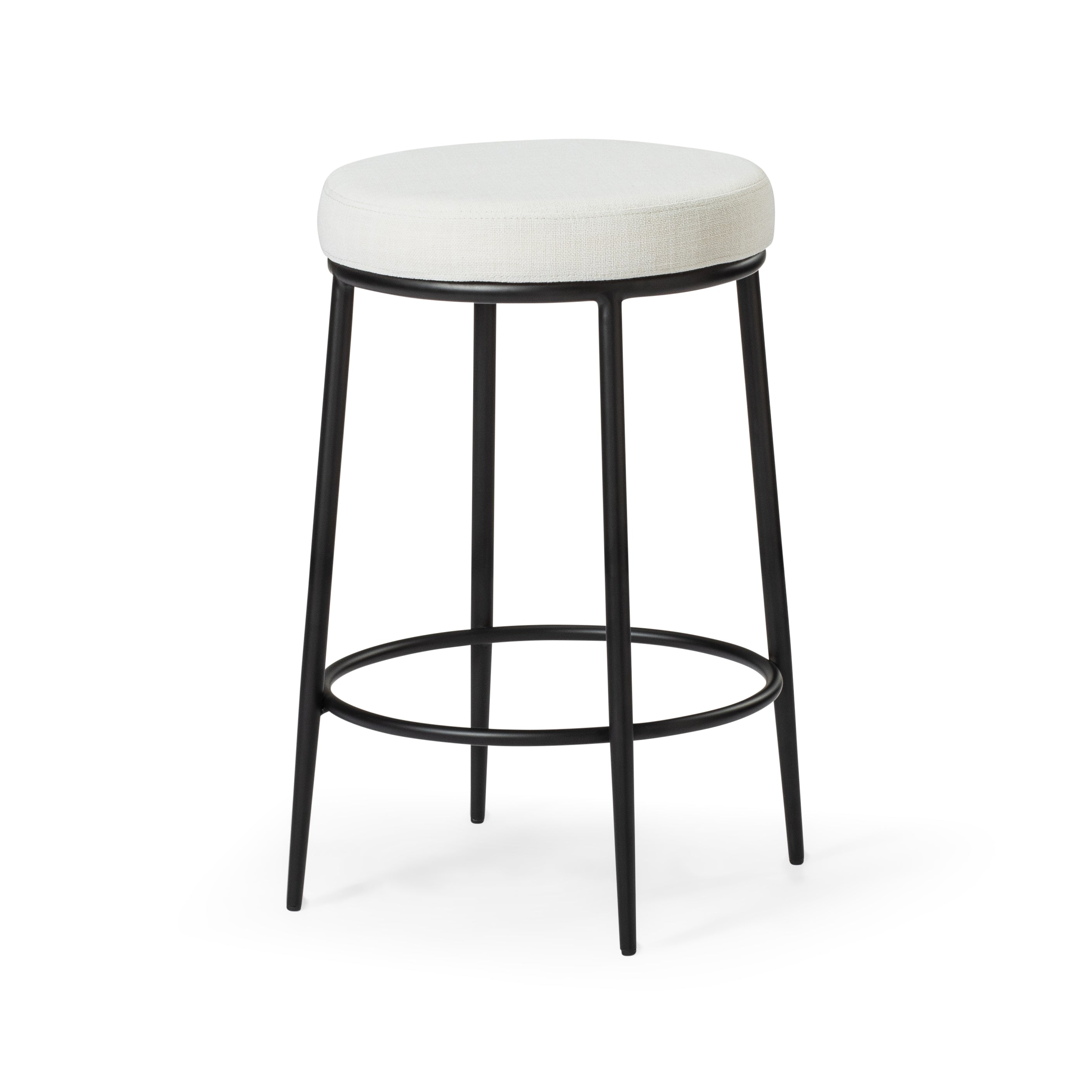 Stella Counter Stool in Matte Black Finish with Snow White Fabric Upholstery in Stools by Maven Lane