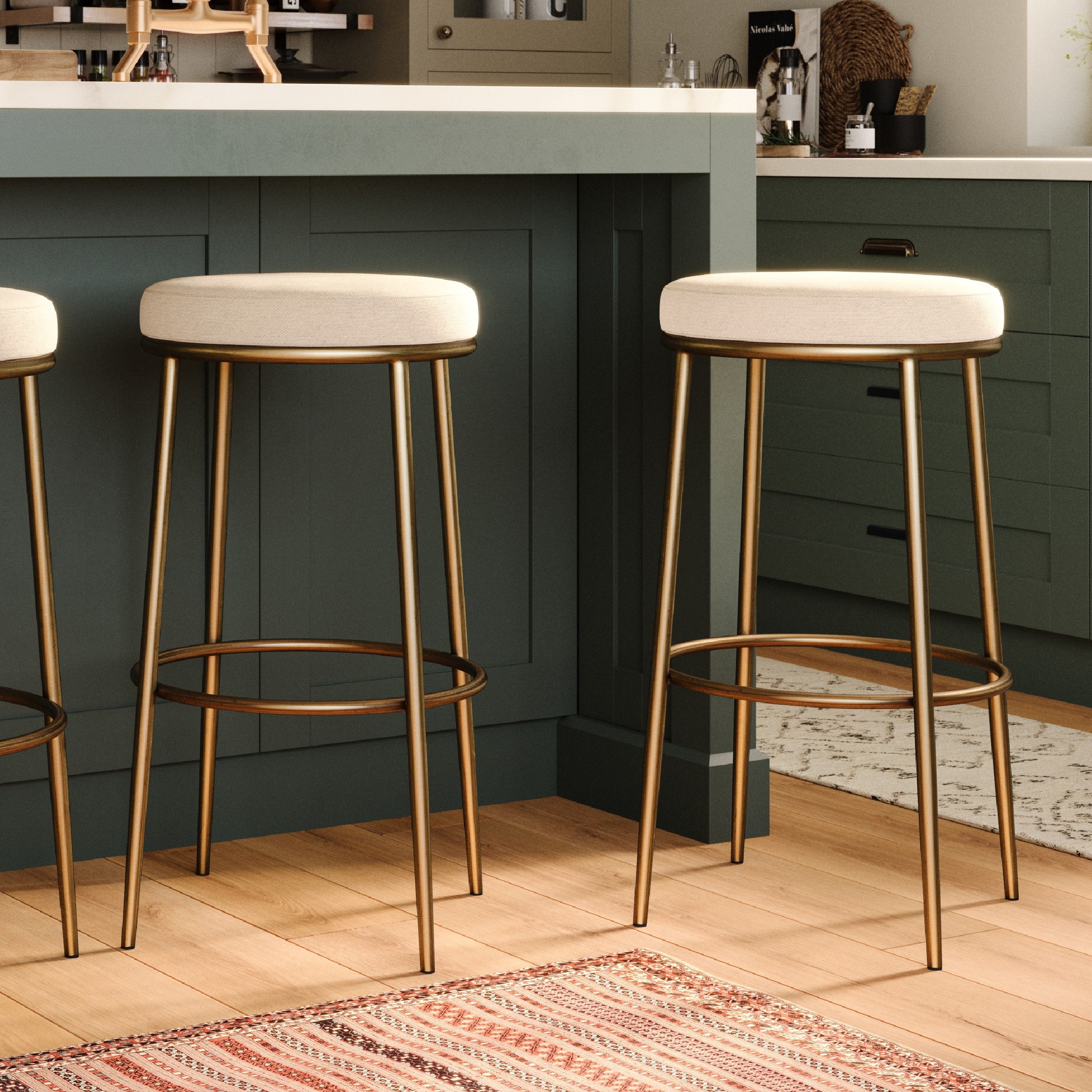 31" Stella Bar Stool in Aged Gold Finish with Beige Fabric Upholstery