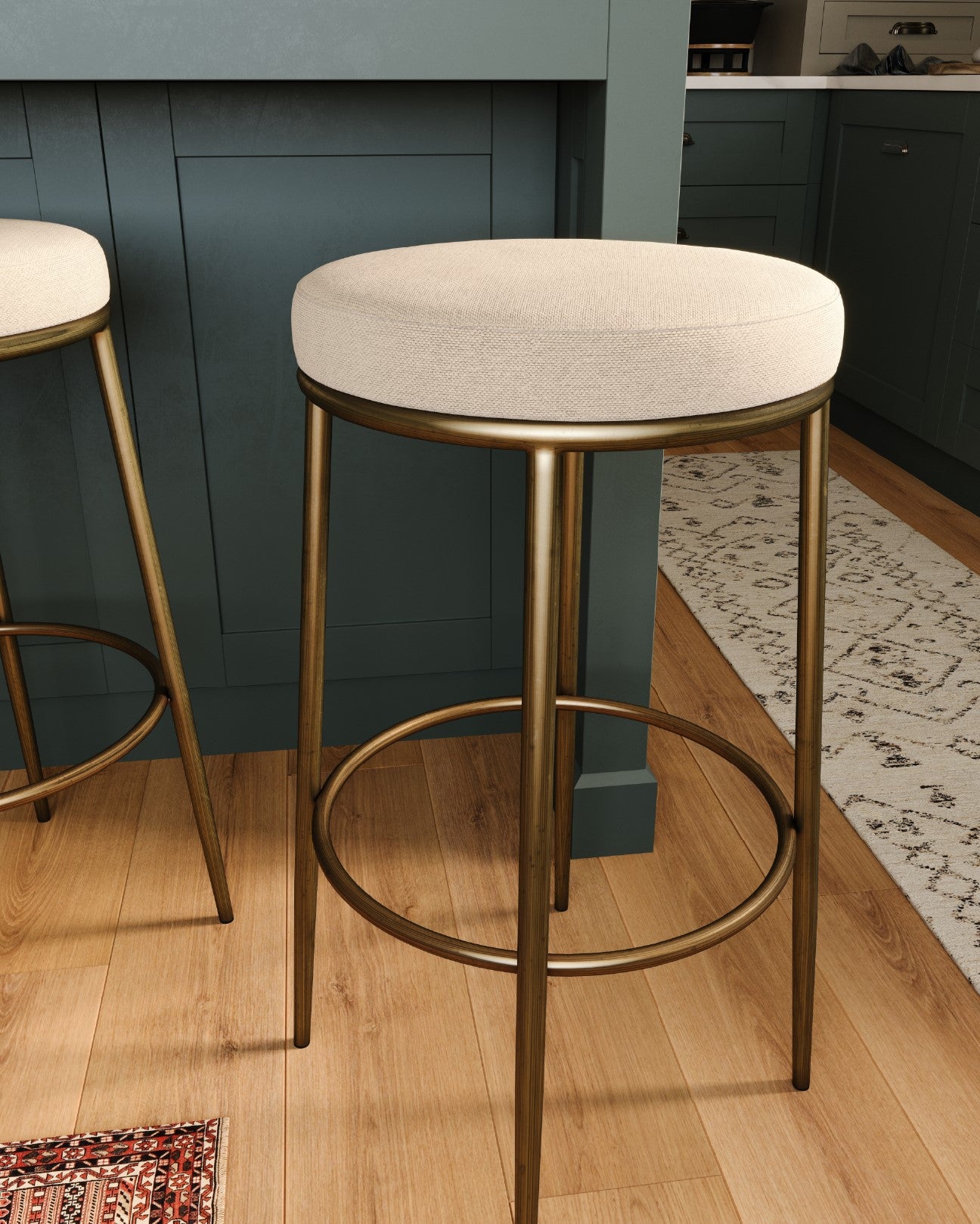 31" Stella Bar Stool in Aged Gold Finish with Beige Fabric Upholstery in Stools by Maven Lane