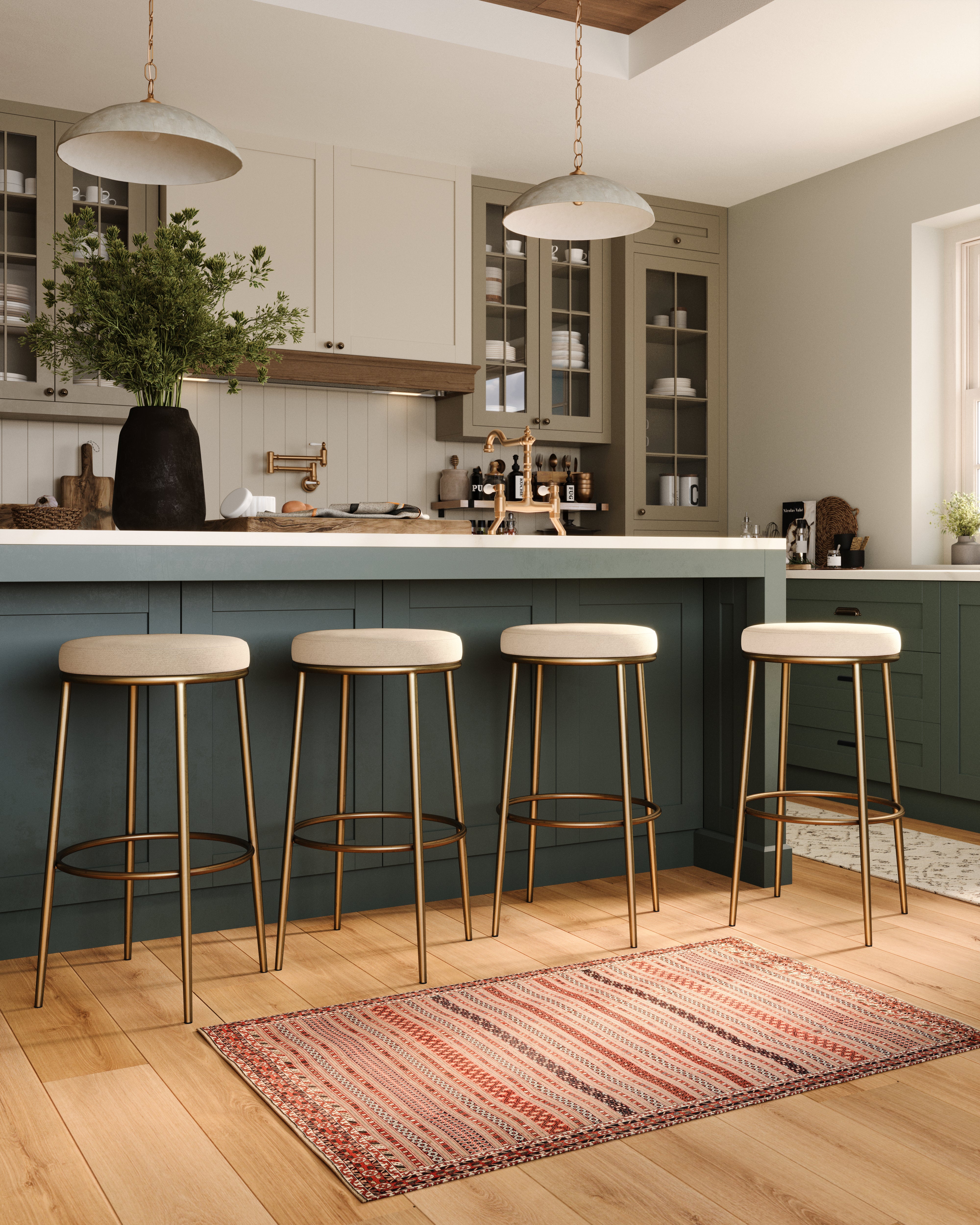 Stella Bar Stool in Antique Brass Finish with Light Beige Fabric Upholstery in Stools by Maven Lane