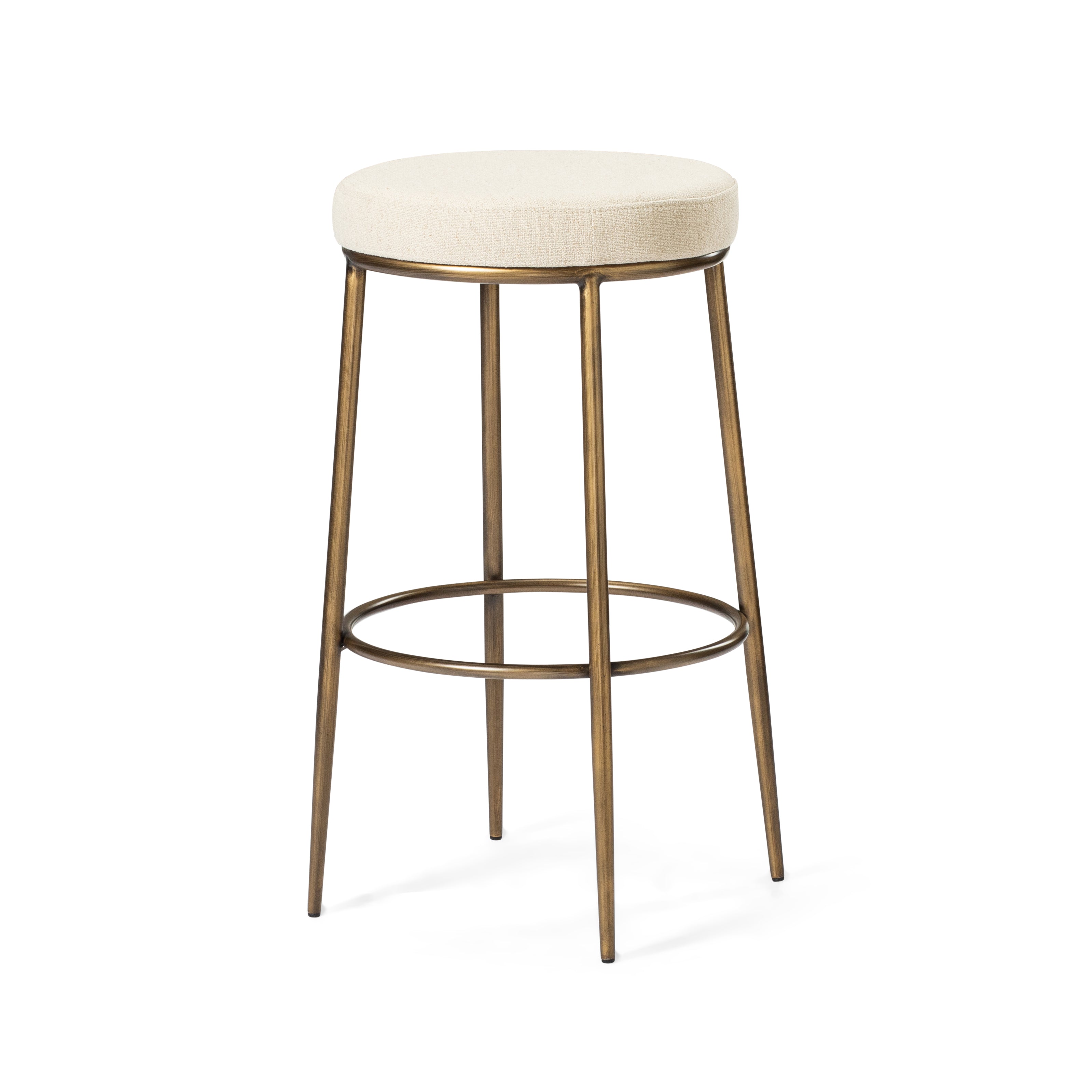 Stella Bar Stool in Antique Brass Finish with Light Beige Fabric Upholstery in Stools by Maven Lane