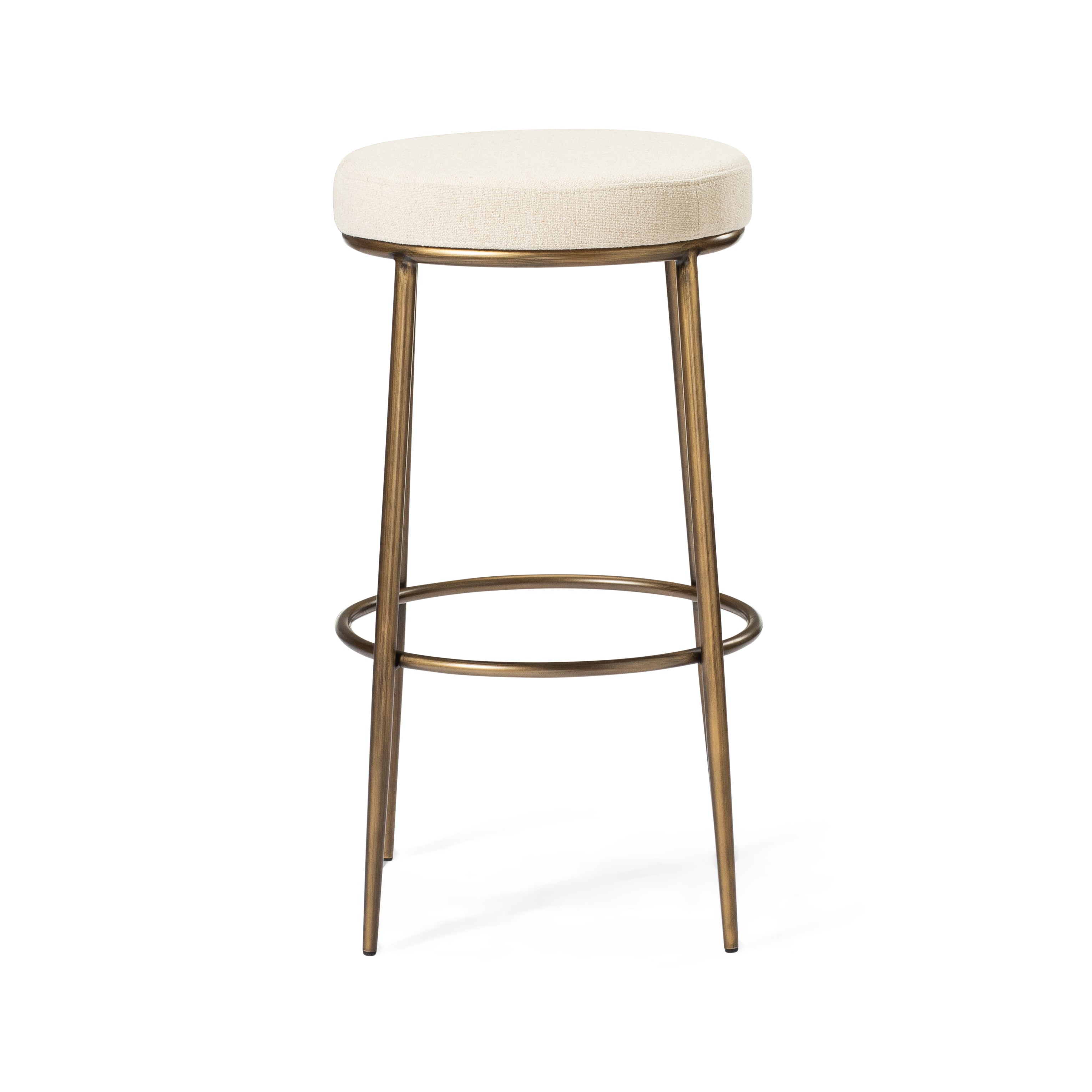 Stella Bar Stool in Antique Brass Finish with Light Beige Fabric Upholstery in Stools by Maven Lane