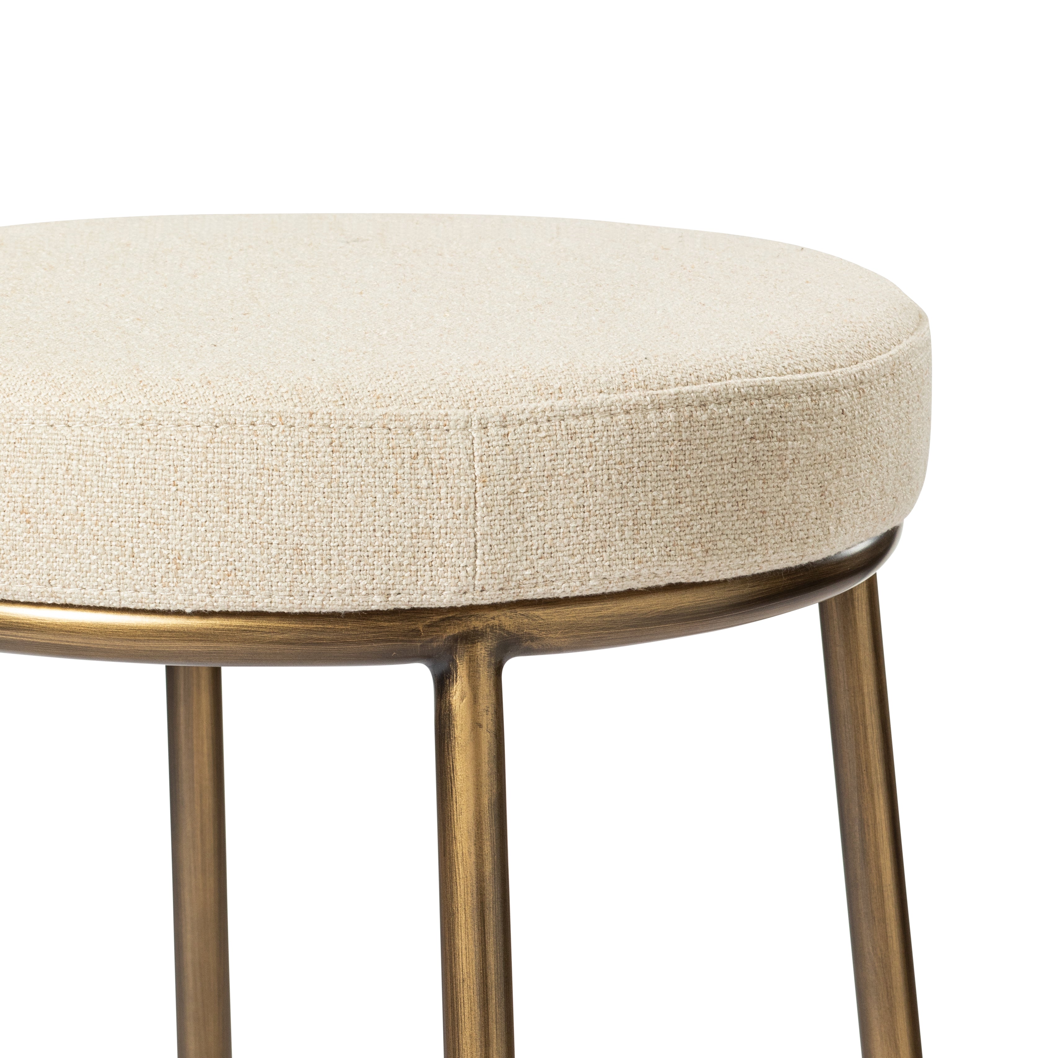 Stella Bar Stool in Antique Brass Finish with Light Beige Fabric Upholstery in Stools by Maven Lane