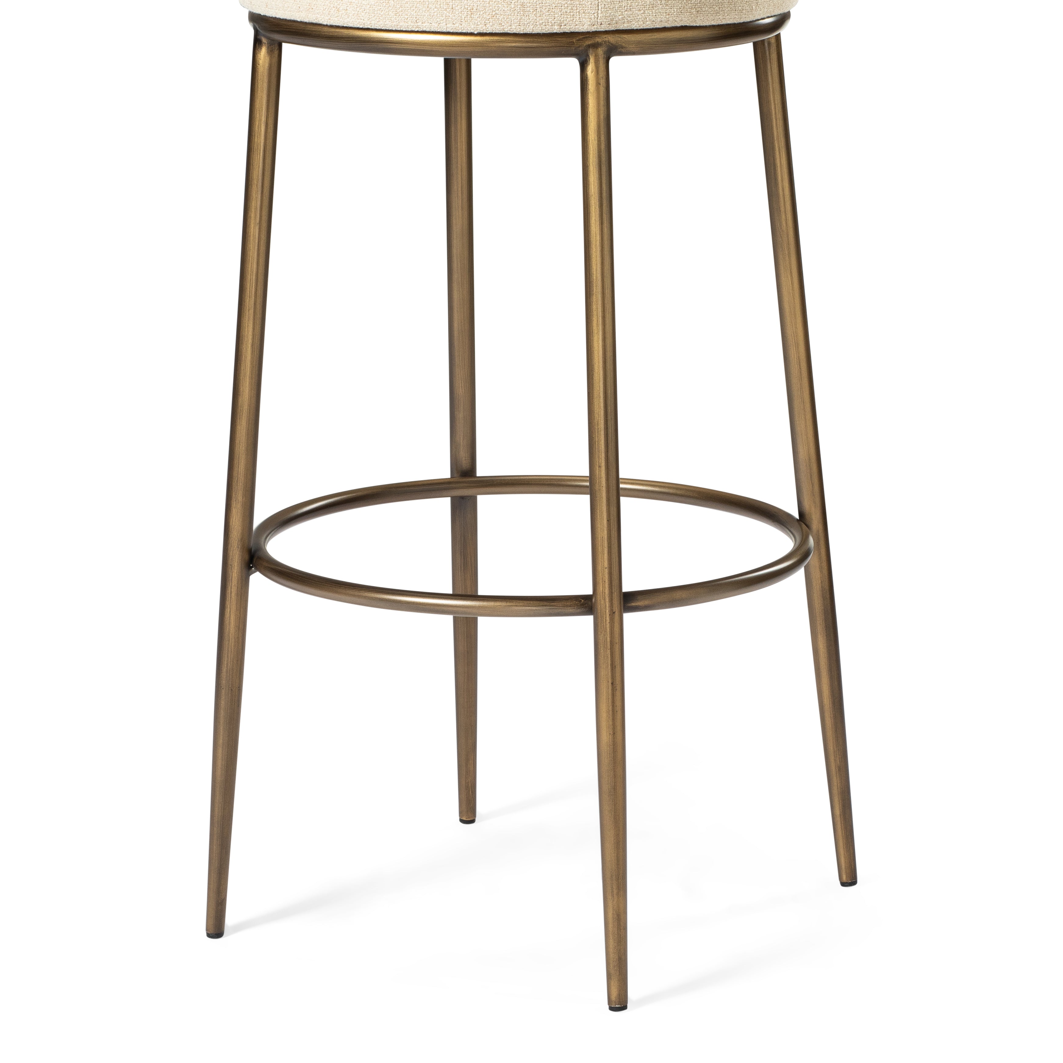 Stella Bar Stool in Antique Brass Finish with Light Beige Fabric Upholstery in Stools by Maven Lane