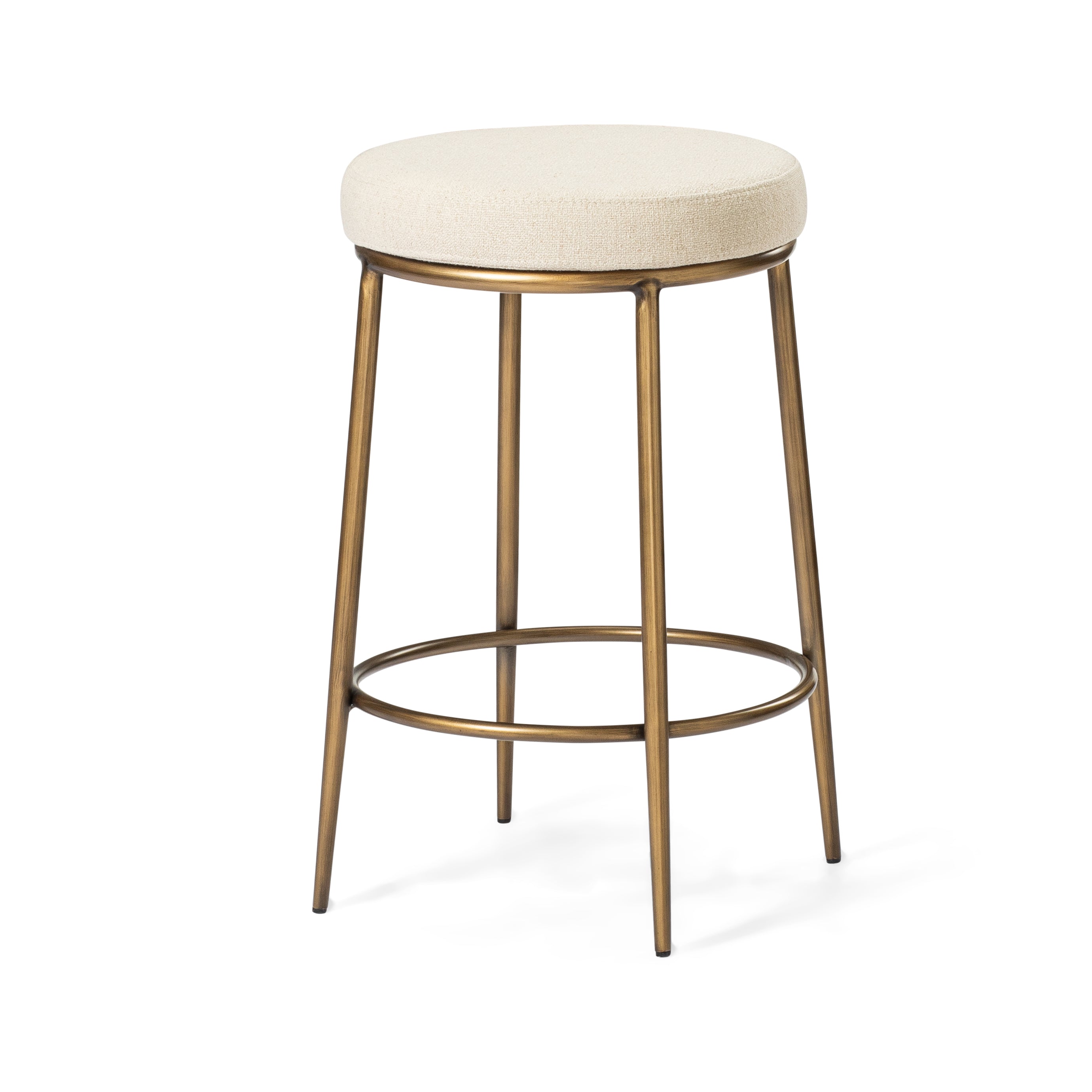 Stella Counter Stool in Antique Brass Finish with Light Beige Fabric Upholstery in Stools by Maven Lane