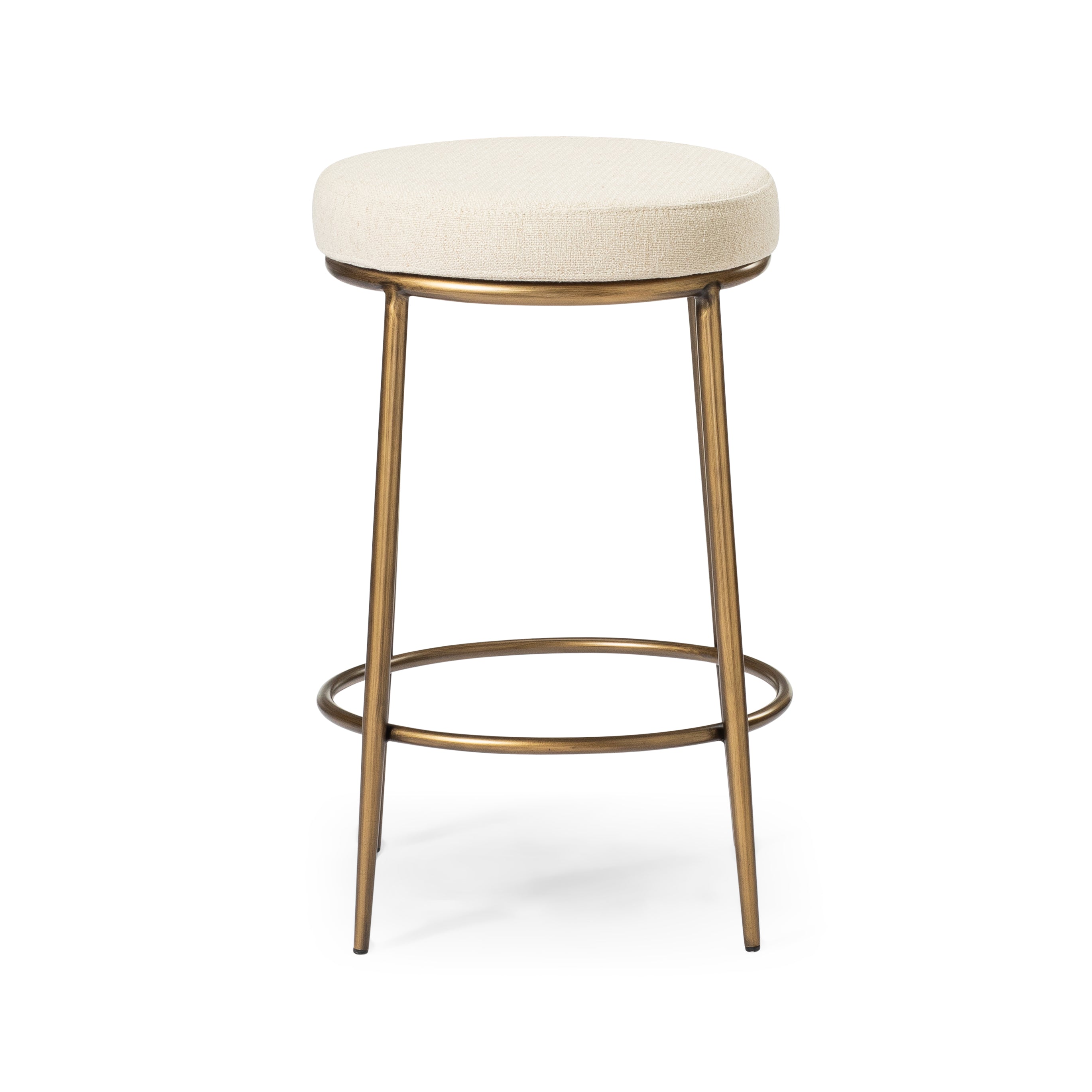 Stella Counter Stool in Antique Brass Finish with Light Beige Fabric Upholstery in Stools by Maven Lane