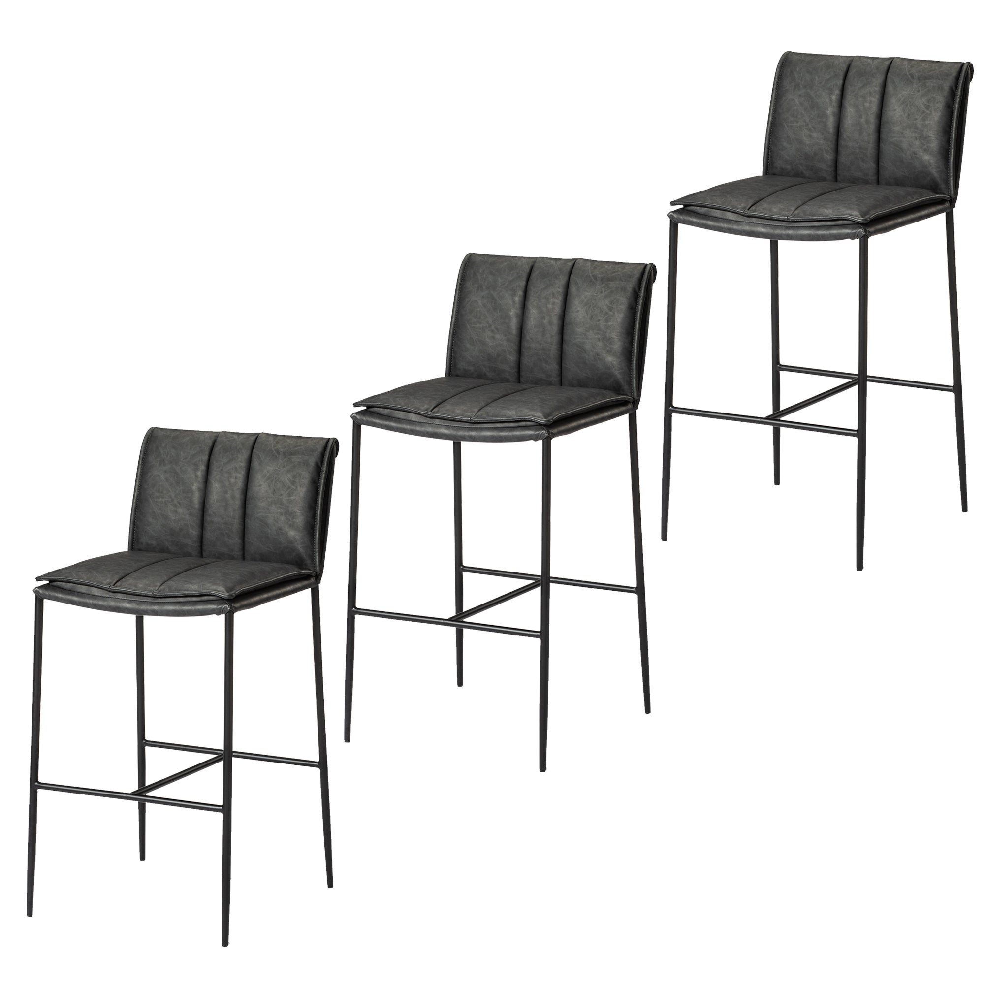 29" Gerard Bar Stool in Black Finish with Dark Grey Faux Leather (Set of 3) in Stools by Maven Lane