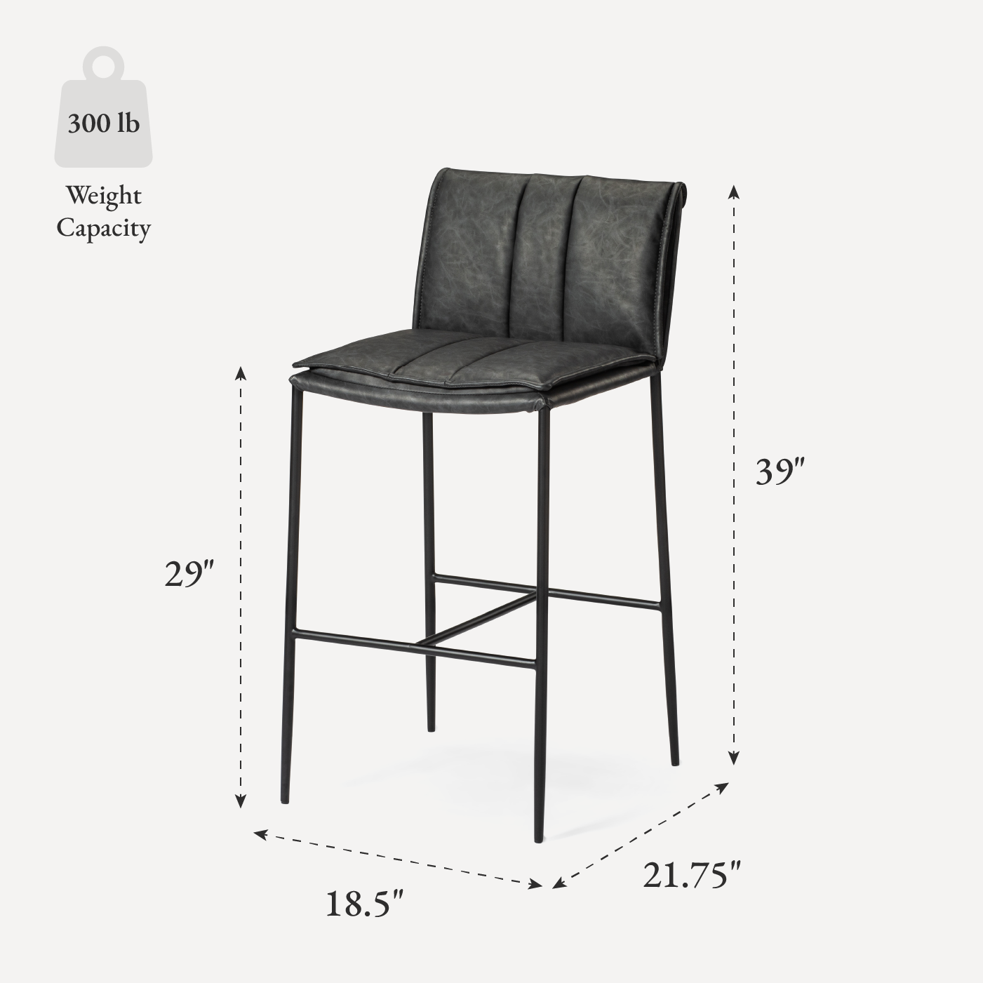 29" Gerard Bar Stool in Black Finish with Dark Grey Faux Leather (Set of 4) in Stools by Maven Lane