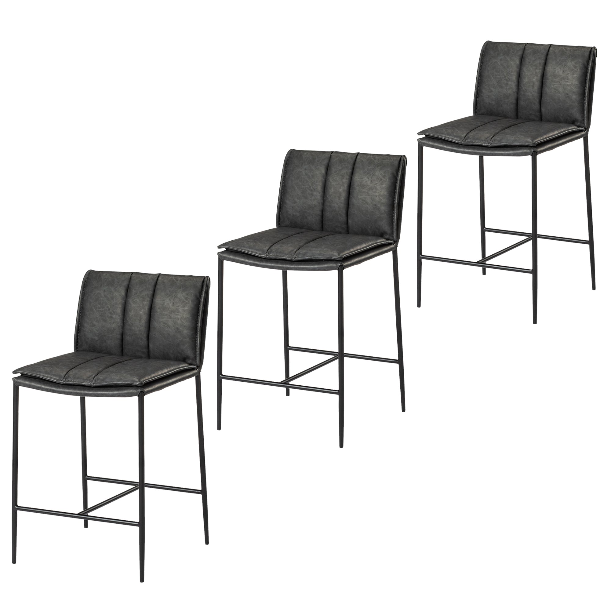 25" Gerard Counter Stool in Black Finish with Dark Grey Faux Leather (Set of 3) in Stools by Maven Lane