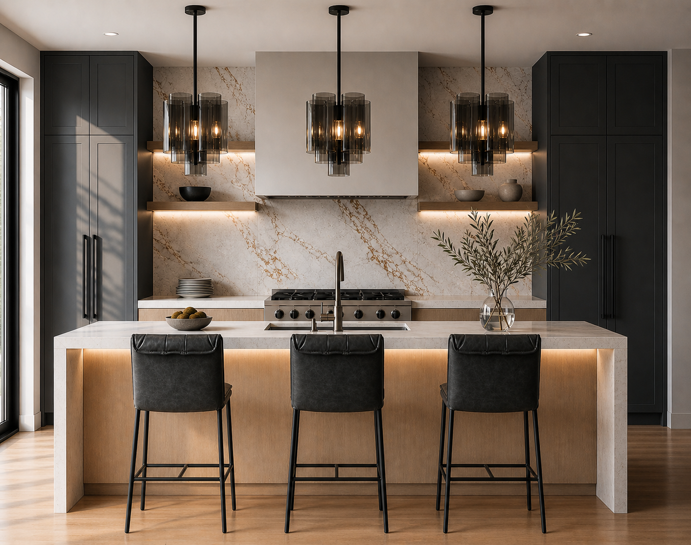 Gerard Counter Stool in Black Finish with Dark Grey Faux Leather in Stools by Maven Lane