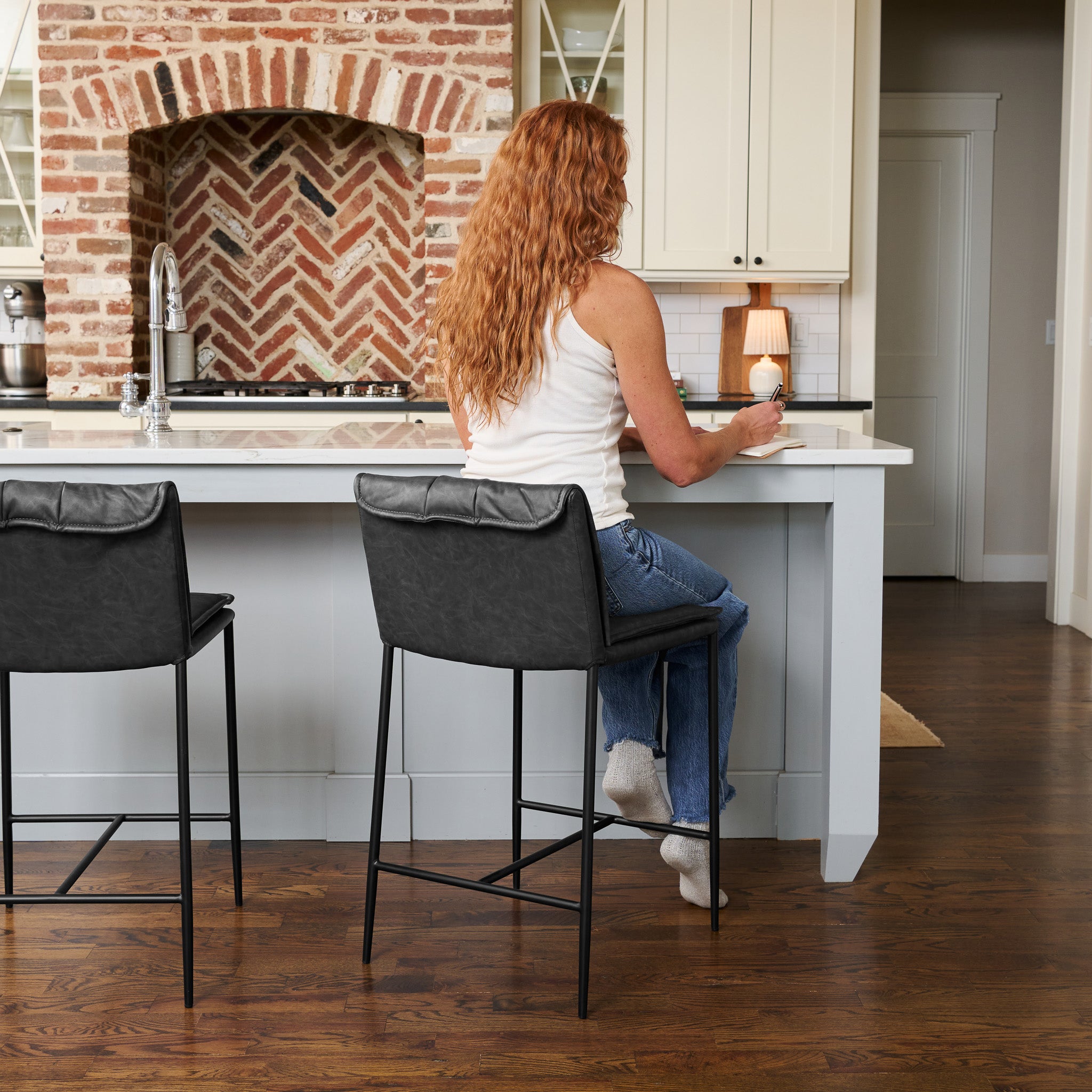 25" Gerard Counter Stool in Black Finish with Dark Grey Faux Leather (Set of 4) in Stools by Maven Lane