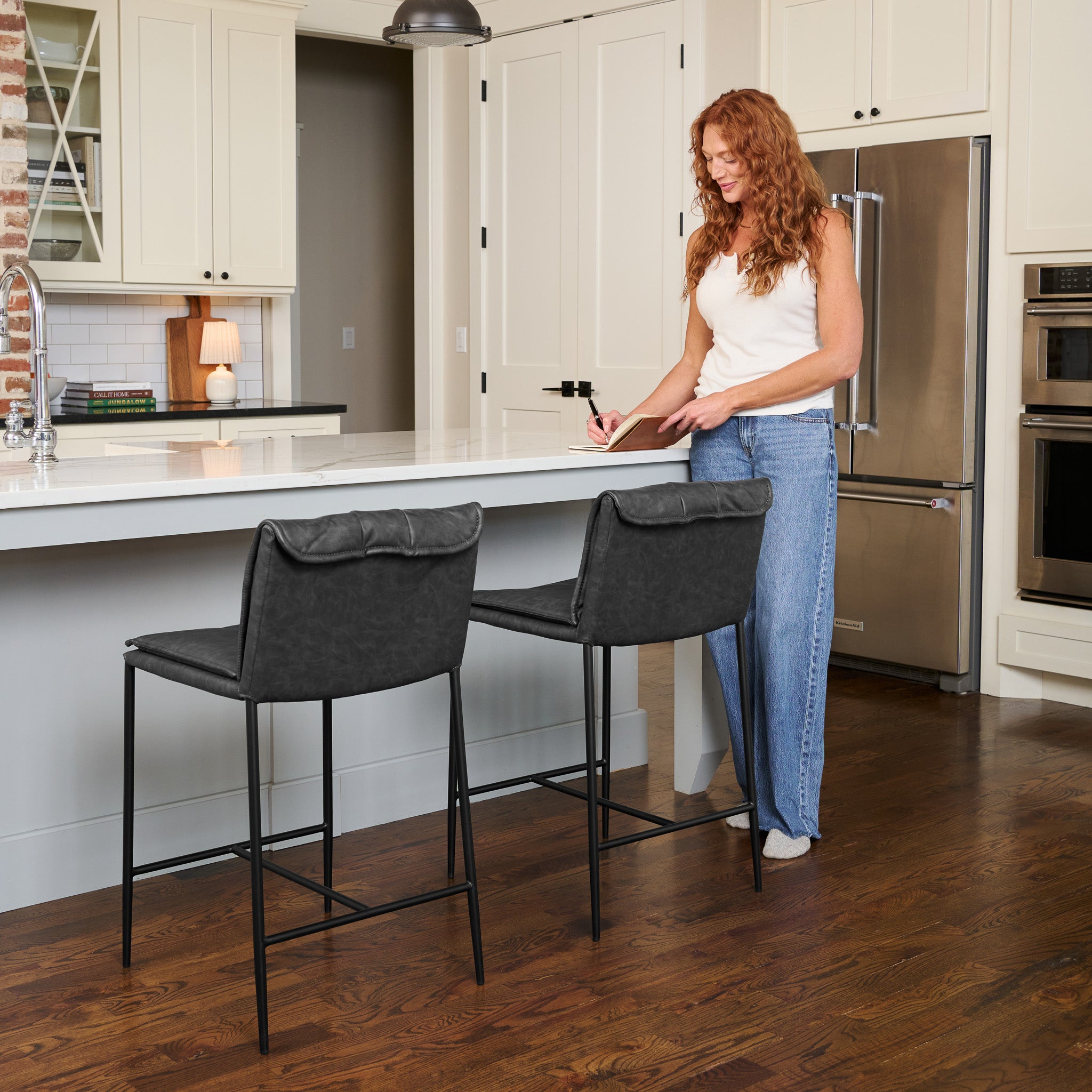 25" Gerard Counter Stool in Black Finish with Dark Grey Faux Leather (Set of 4) in Stools by Maven Lane