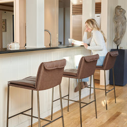 Gerard Bar Stool in Aged Gold Finish with Brown Faux Leather in Stools by Maven Lane