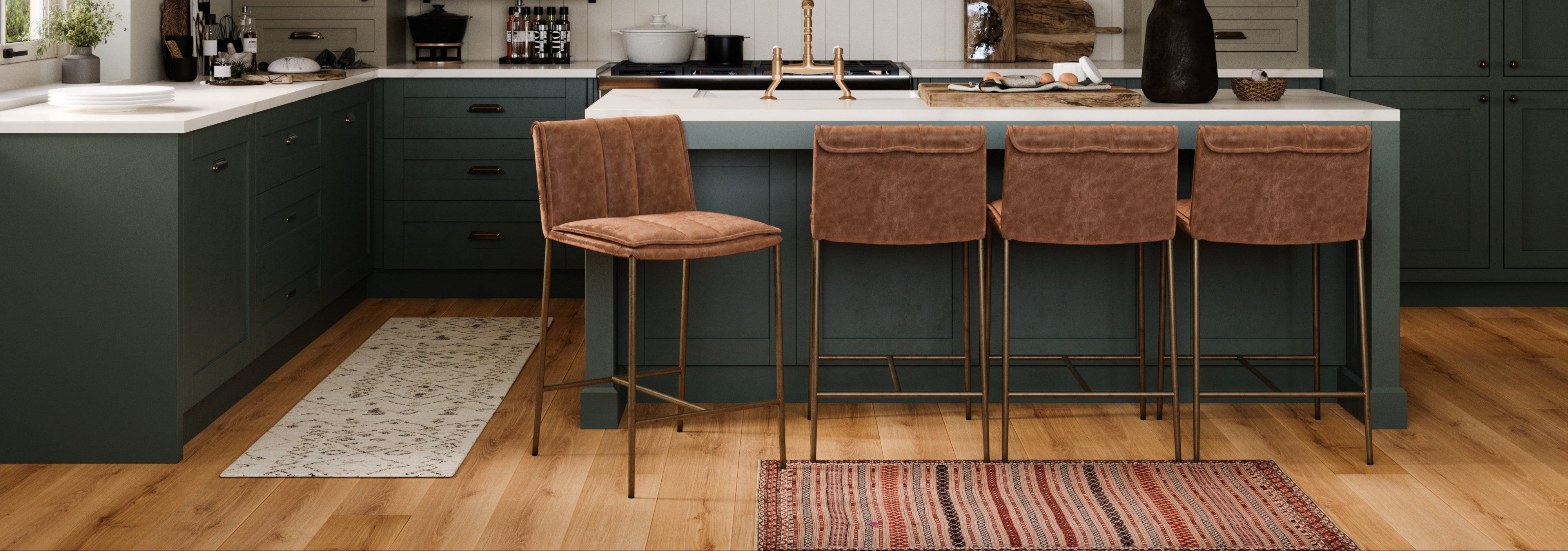 Gerard Counter Stool in Antique Brass Finish with Cocoa Brown Vegan Leather in Stools by Maven Lane