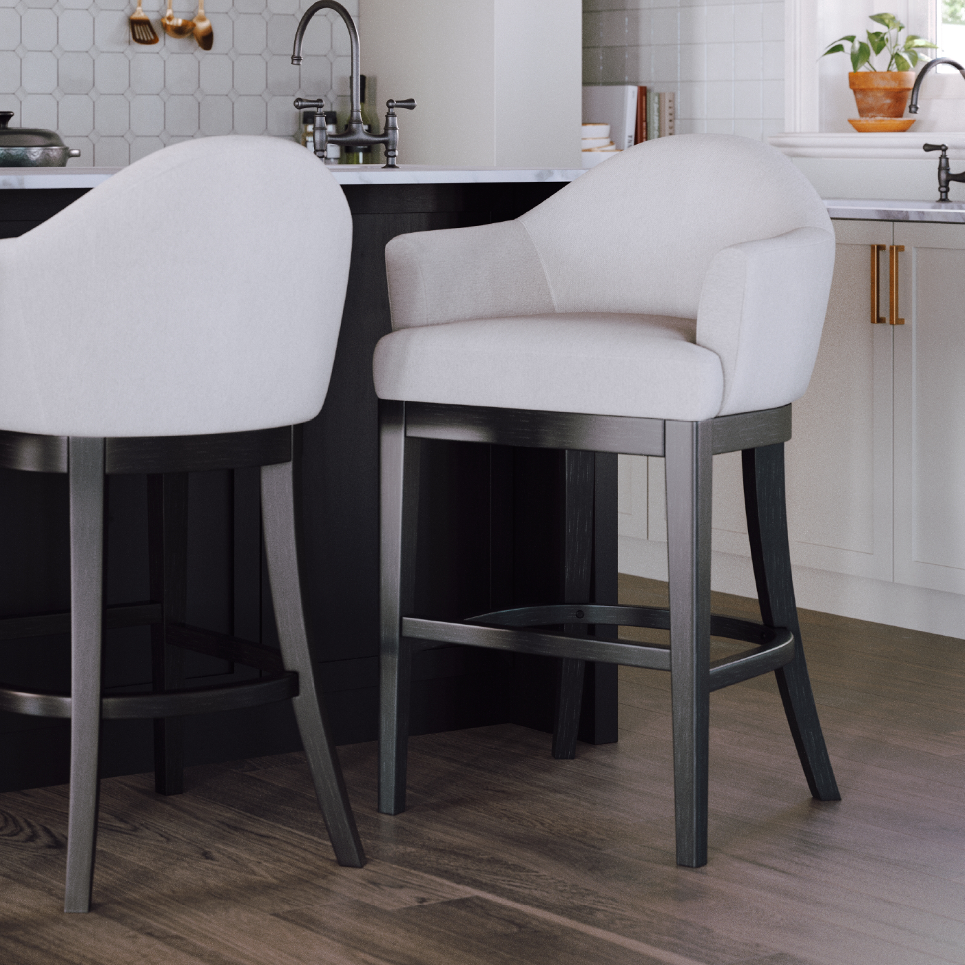 30" Isabella Swivel Bar Stool in Aged Black Finish with Snow White Fabric