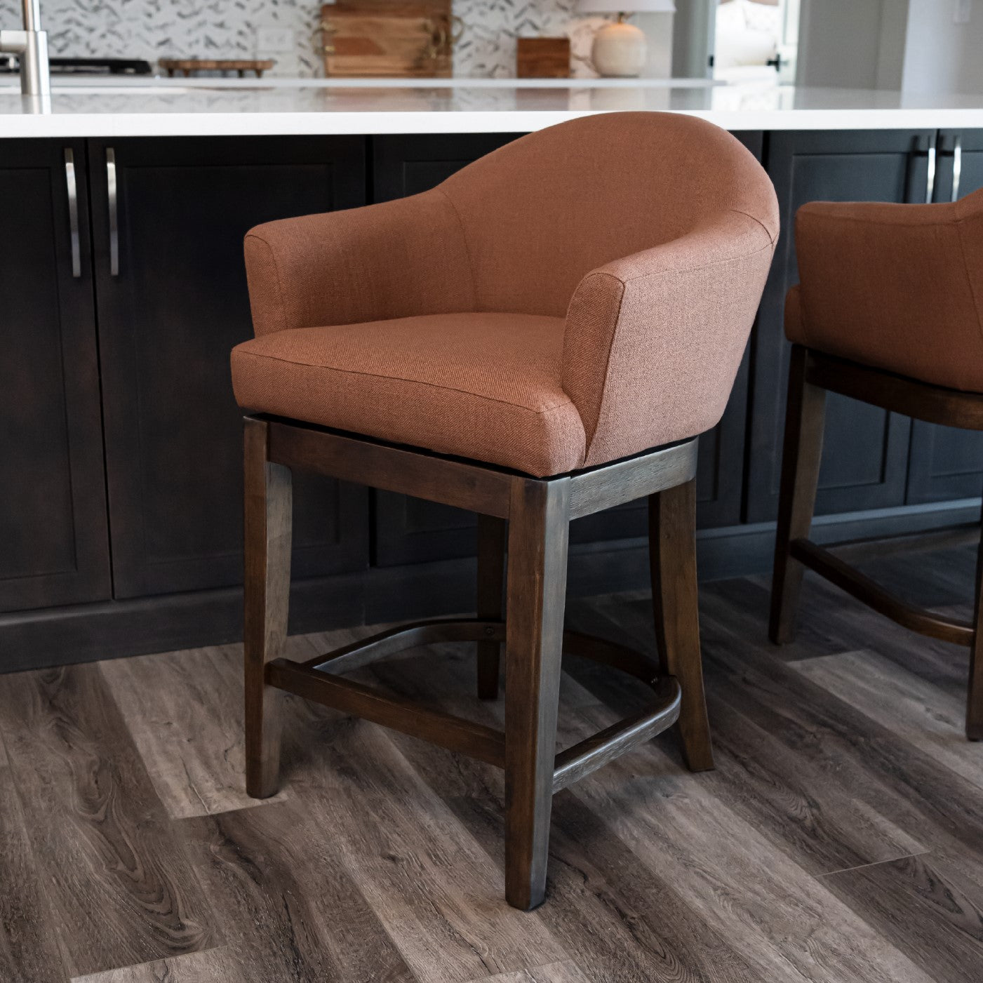 26" Isabella Swivel Counter Stool in Brown Finish and Brown Canvas Fabric Upholstery in Stools by Maven Lane