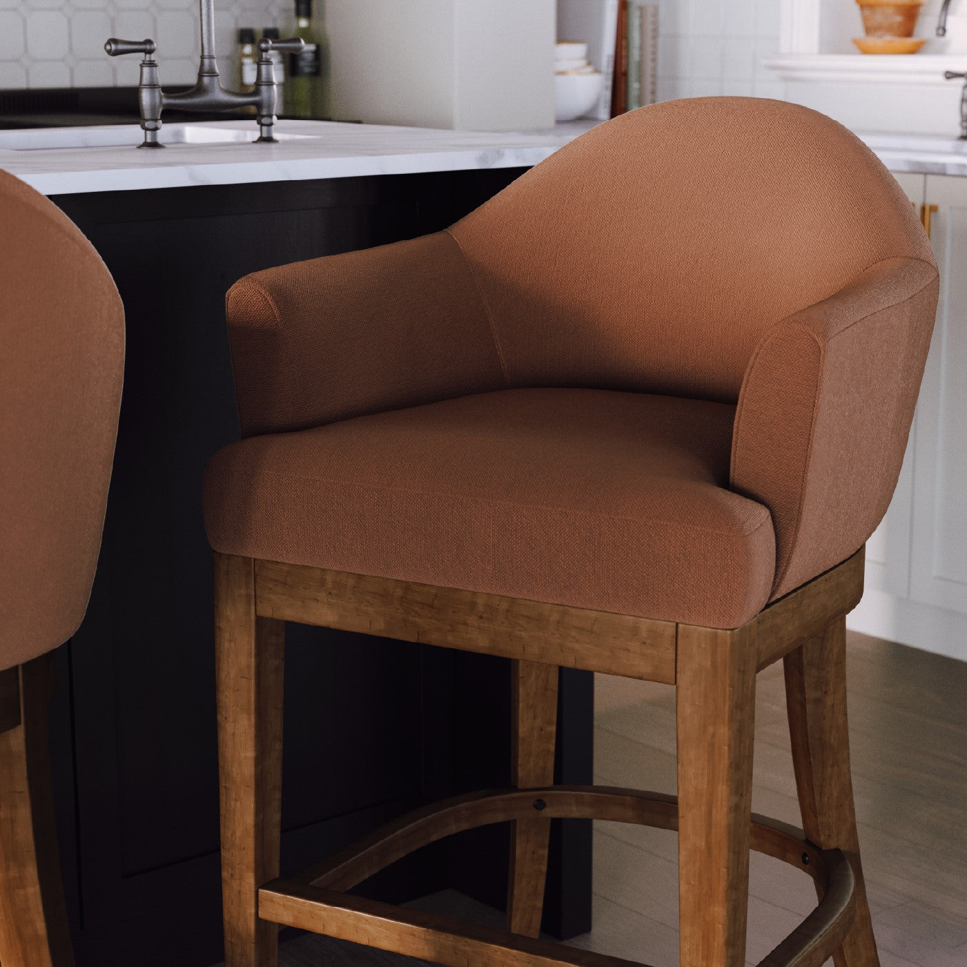 30" Isabella Swivel Bar Stool in Aged Brown Finish with Clay Canvas Fabric