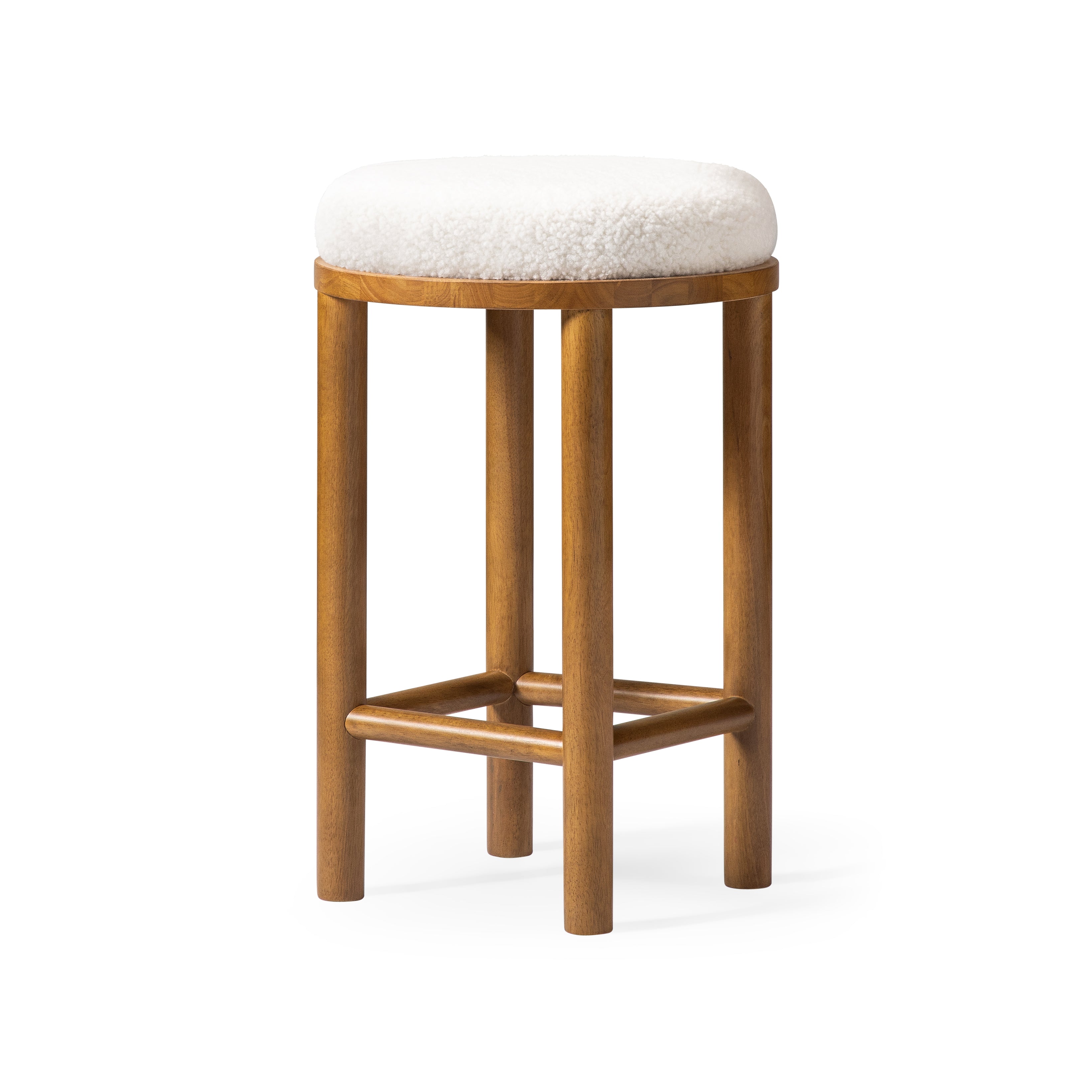 Clara Counter Stool In Aged Natural Wood Finish With White Boucle Fabric in Counter Stools by Maven Lane