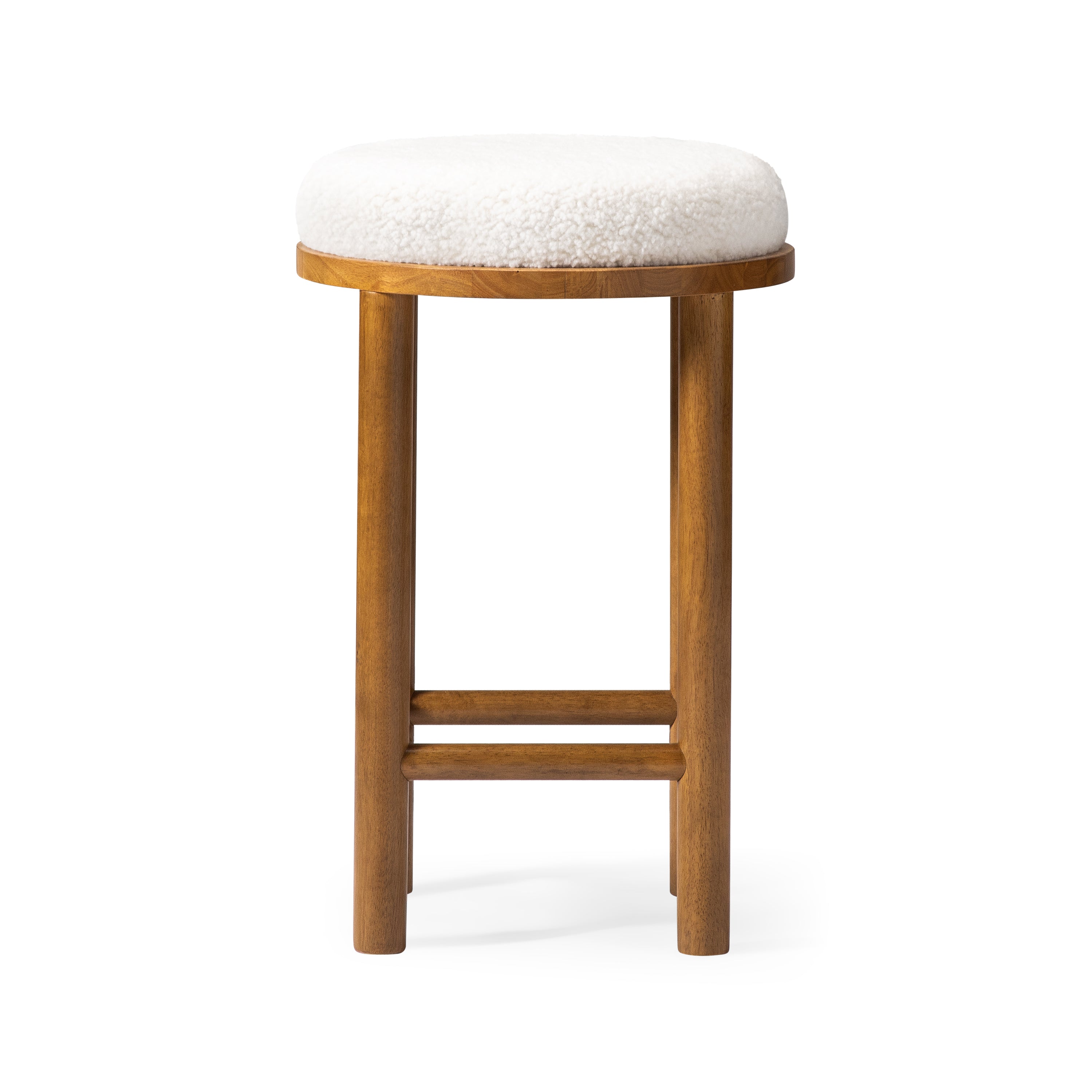 Clara Counter Stool In Aged Natural Wood Finish With White Boucle Fabric in Counter Stools by Maven Lane