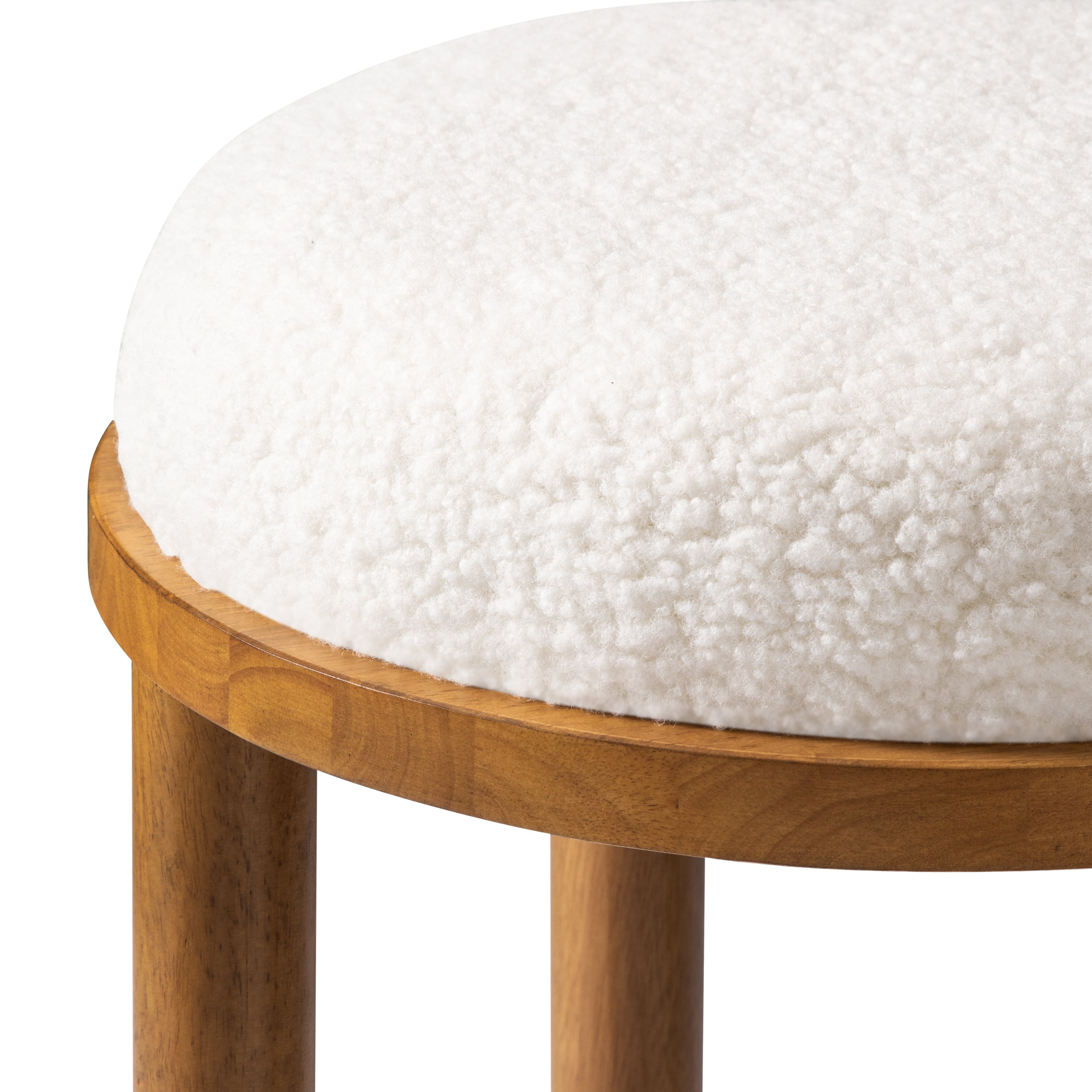 Clara Counter Stool In Aged Natural Wood Finish With White Boucle Fabric in Counter Stools by Maven Lane