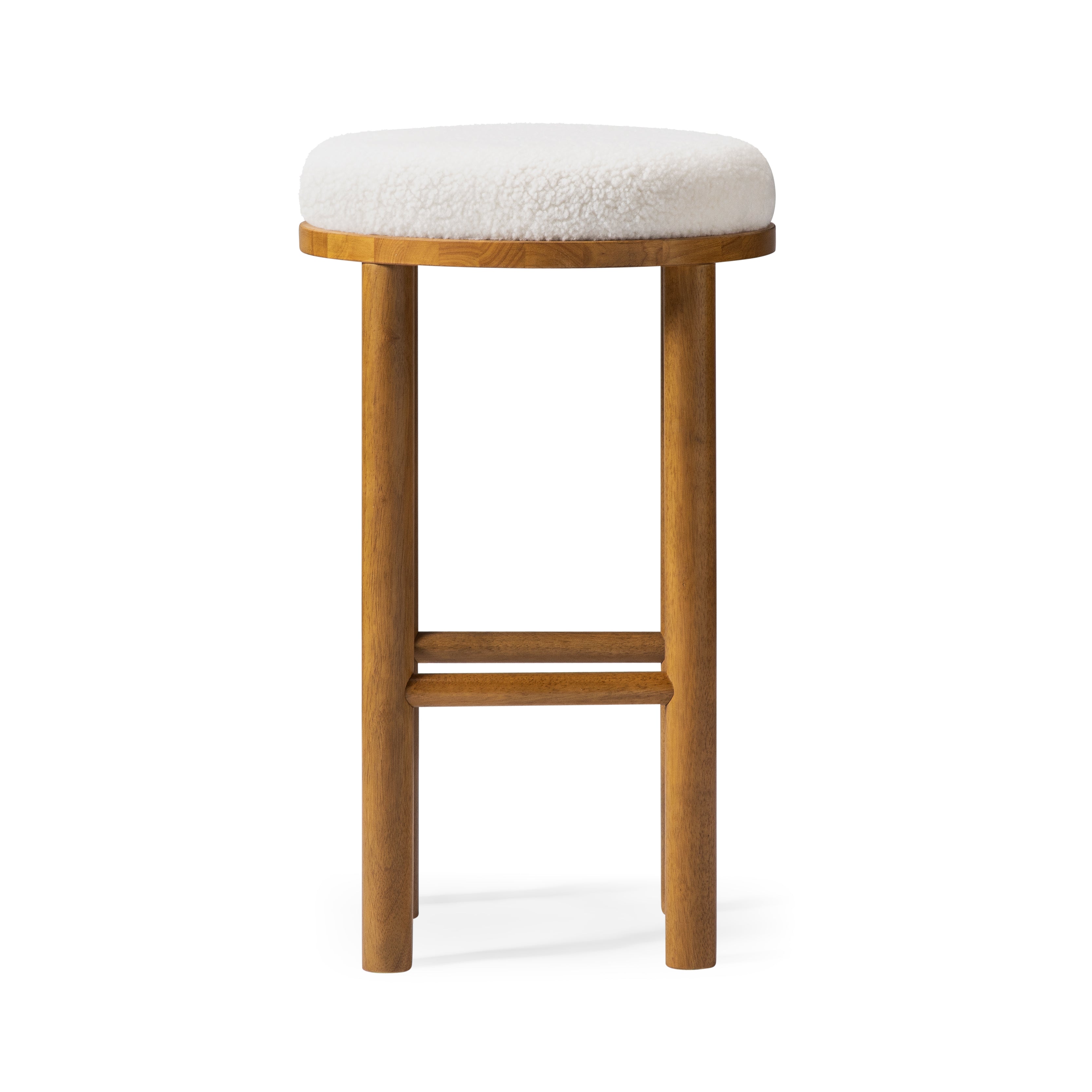 Clara Bar Stool In Aged Natural Wood Finish With White Boucle Fabric in Bar Stools by Maven Lane