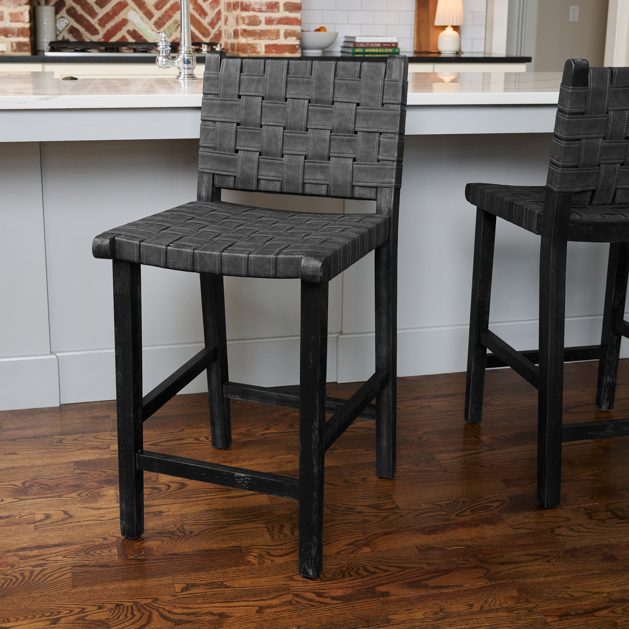 26" Noah Counter Stool In Black Finish & Dark Grey Woven Faux Leather Seat in Stools by Maven Lane